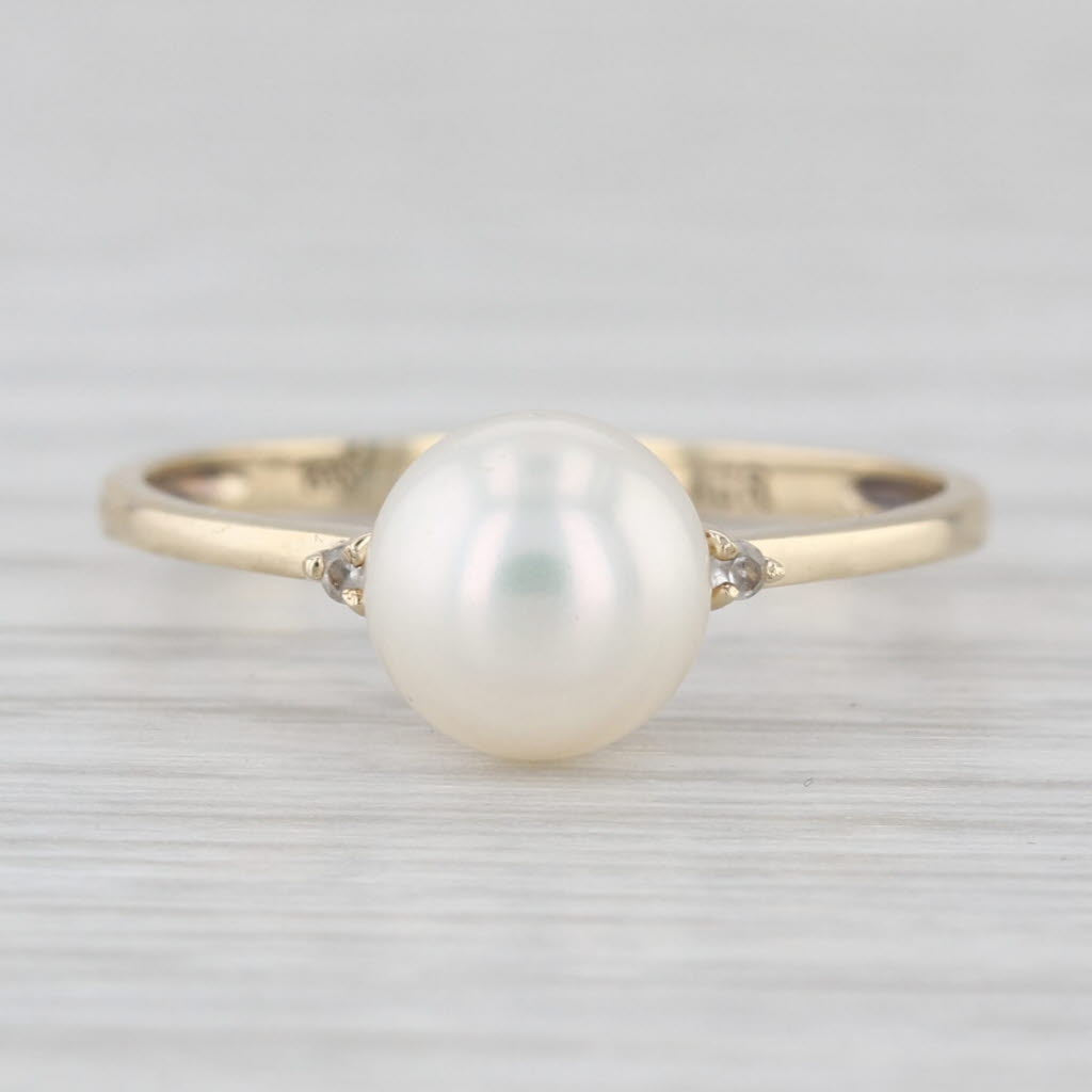 Cultured Pearl Solitaire Ring 10k Yellow Gold Size 7.25 Diamond Accent