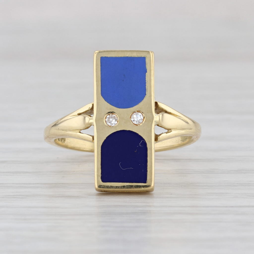 Italian Vibrant Blue Enamel Diamond Ring 18k Yellow Gold Size 6.75