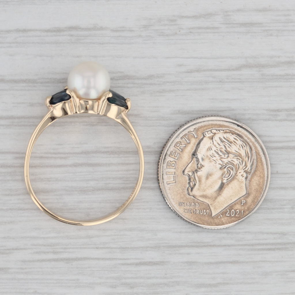 Gray Cultured Pearl Blue Sapphire Ring 10k Yellow Gold Size 6.75