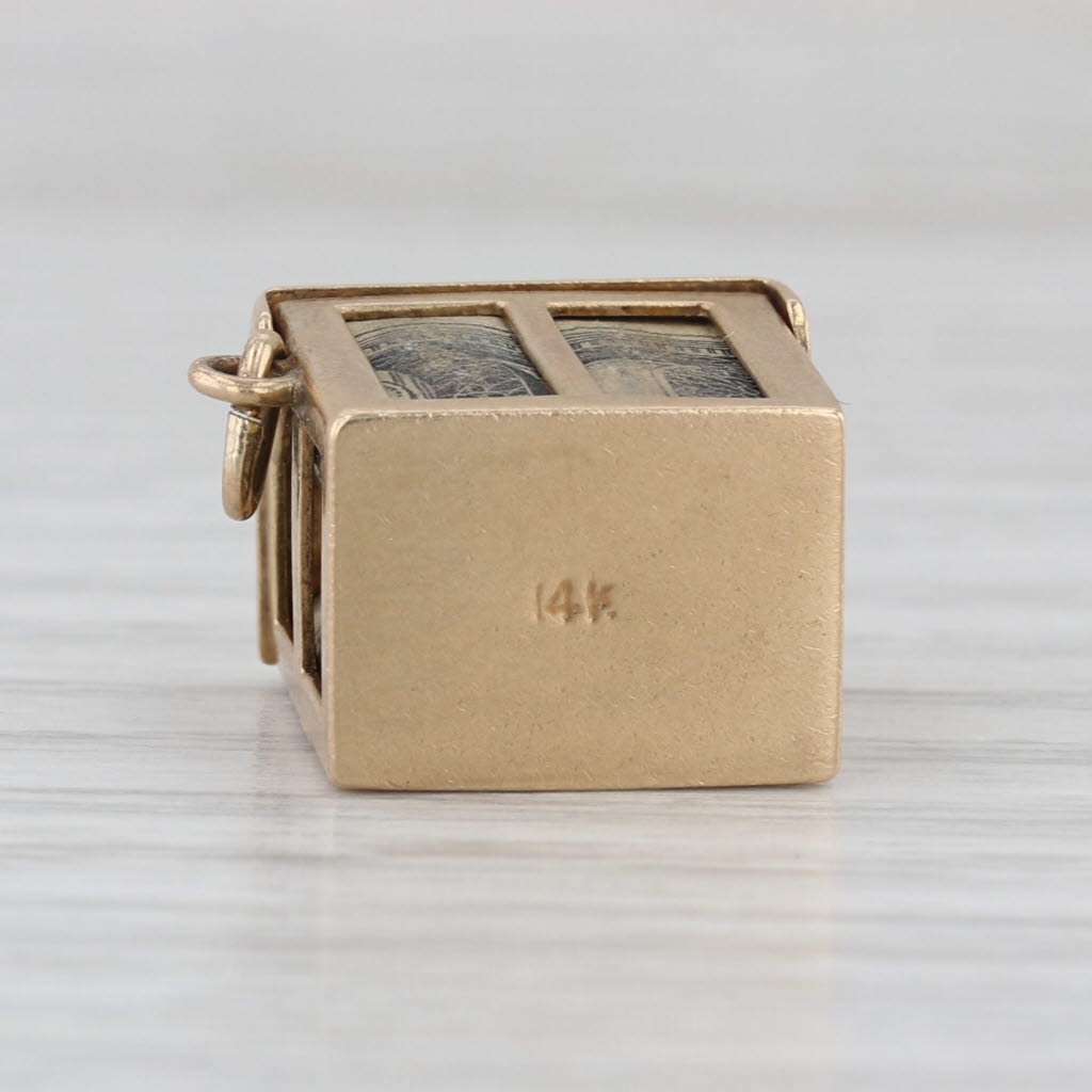 Vintage Emergency Money Dollar Bill in Box Charm 14k Yellow Gold Pendant