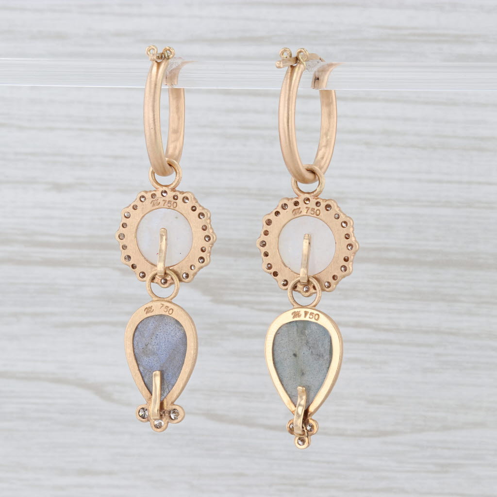 New Nina Wynn Hoop Earrings 18k Gold Labradorite Moonstone Diamond Charms