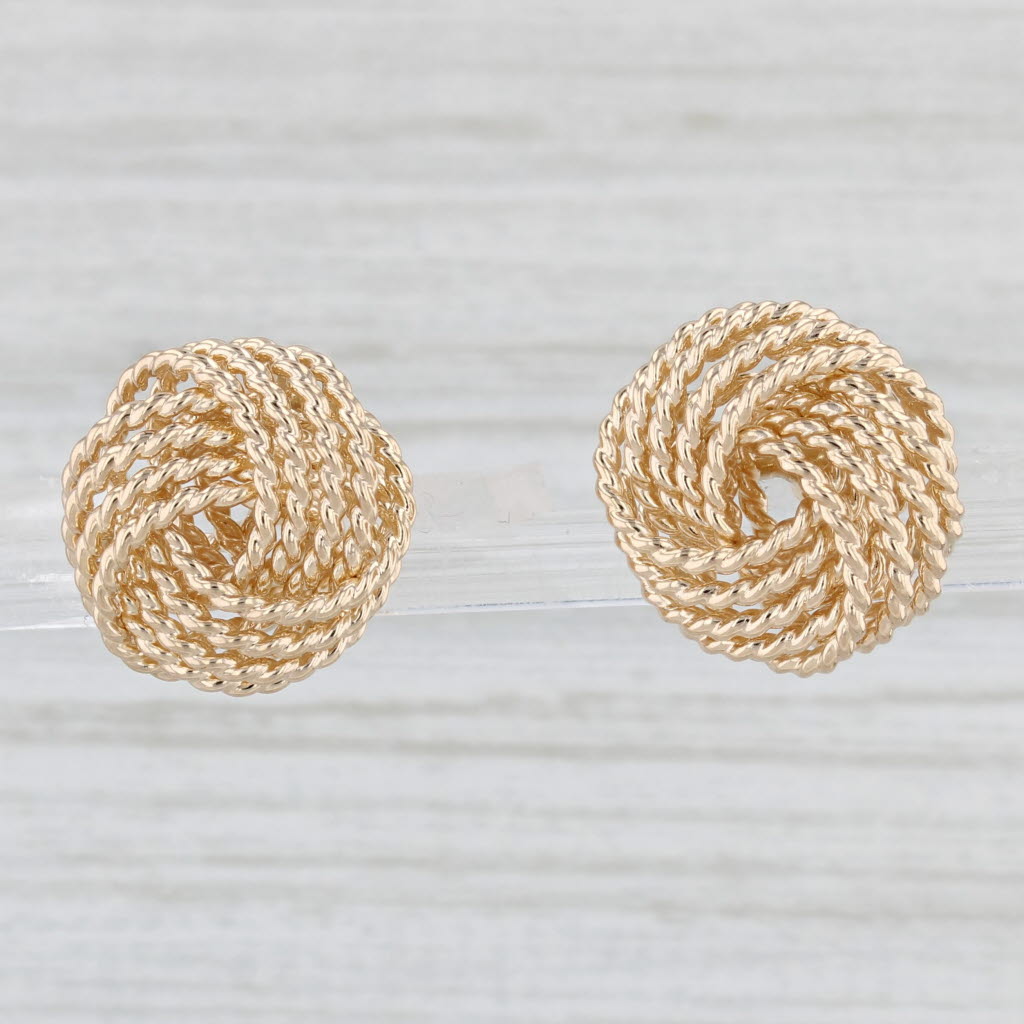 Light Gray Knot Stud Earrings 14k Yellow Gold Rope Etched Design