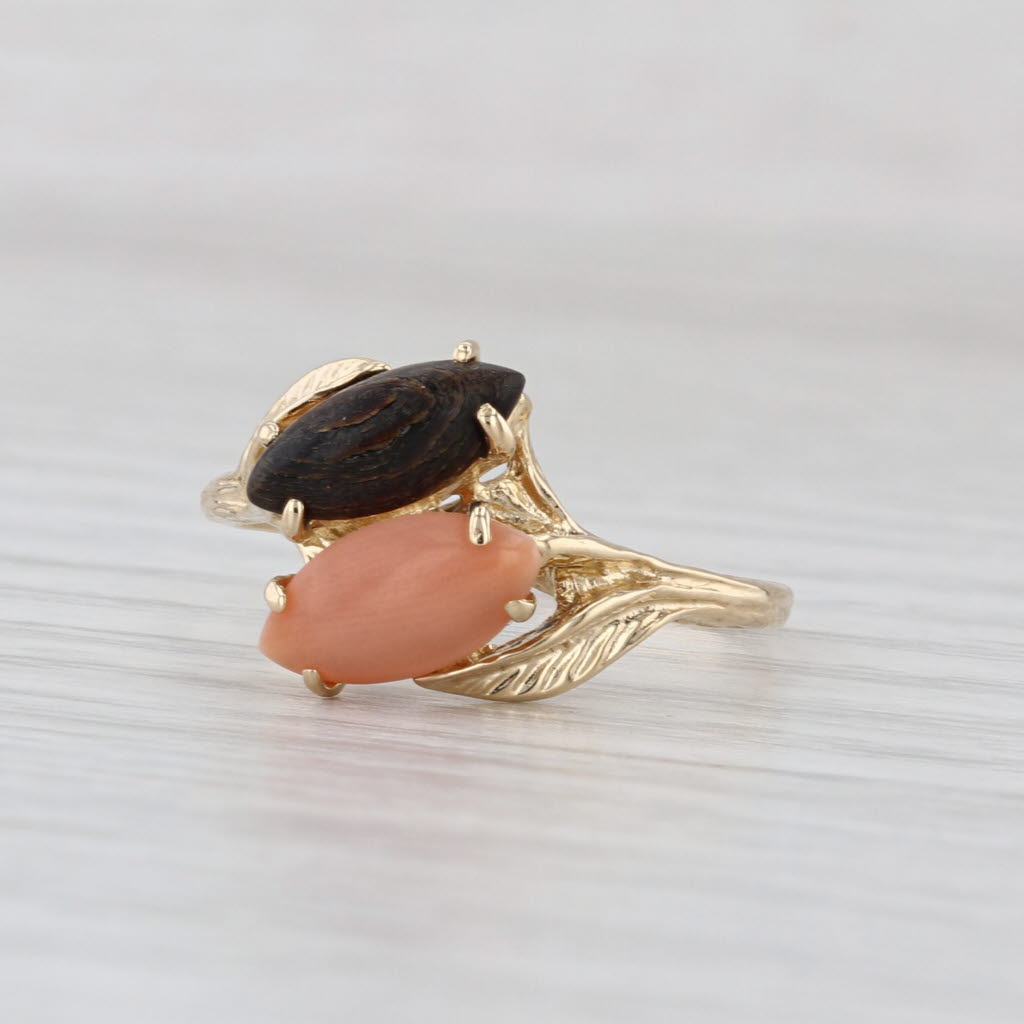 Pink & Black Coral Bypass Ring 14k Yellow Gold Size 7.5 Leaf Accents