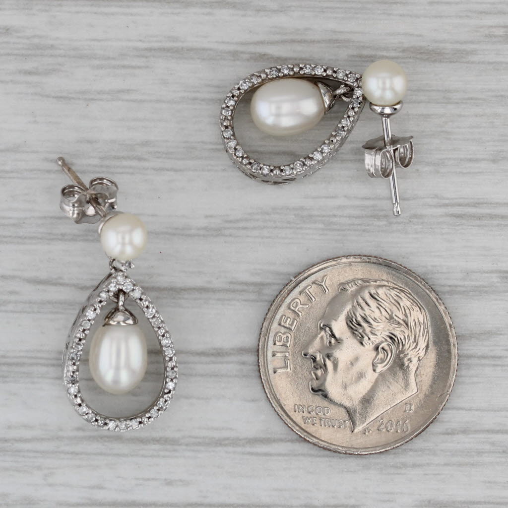 Dark Gray Cultured Pearl Diamond Teardrop Earrings 14k White Gold