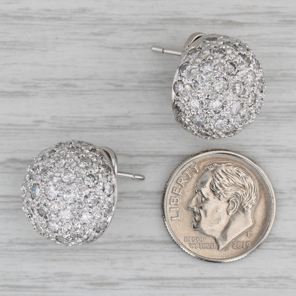 Gray 4.80ctw Pave Diamond Cluster Dome Earrings 18k White Gold Stud Drops Omega Backs