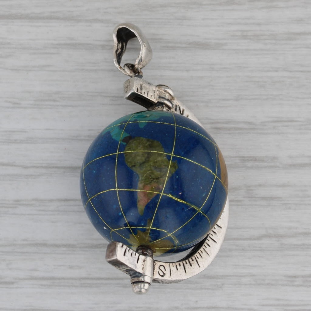 Dark Gray Large Globe with Compass Pendant Sterling Silver Multi-stone Mosaic Spins