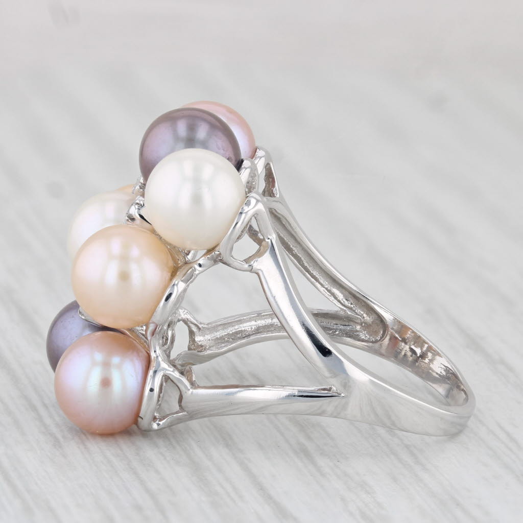 Light Gray Cultured Pearl Diamond Cluster 14k White Gold Size 7.75 Cocktail