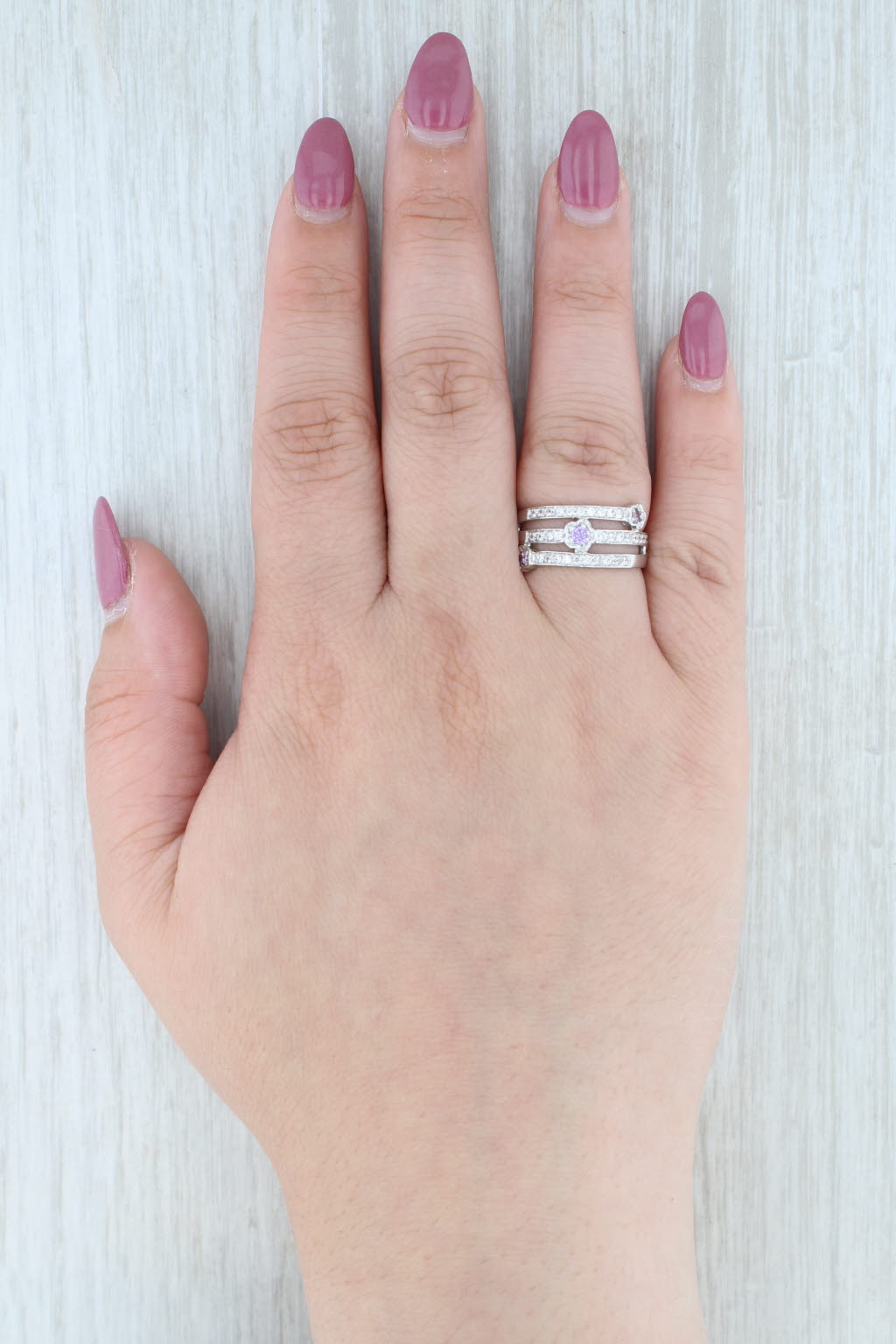 Light Gray 0.45ctw Purple & White Cubic Zirconia Bypass Coil Ring 14k White Gold Size 7.75