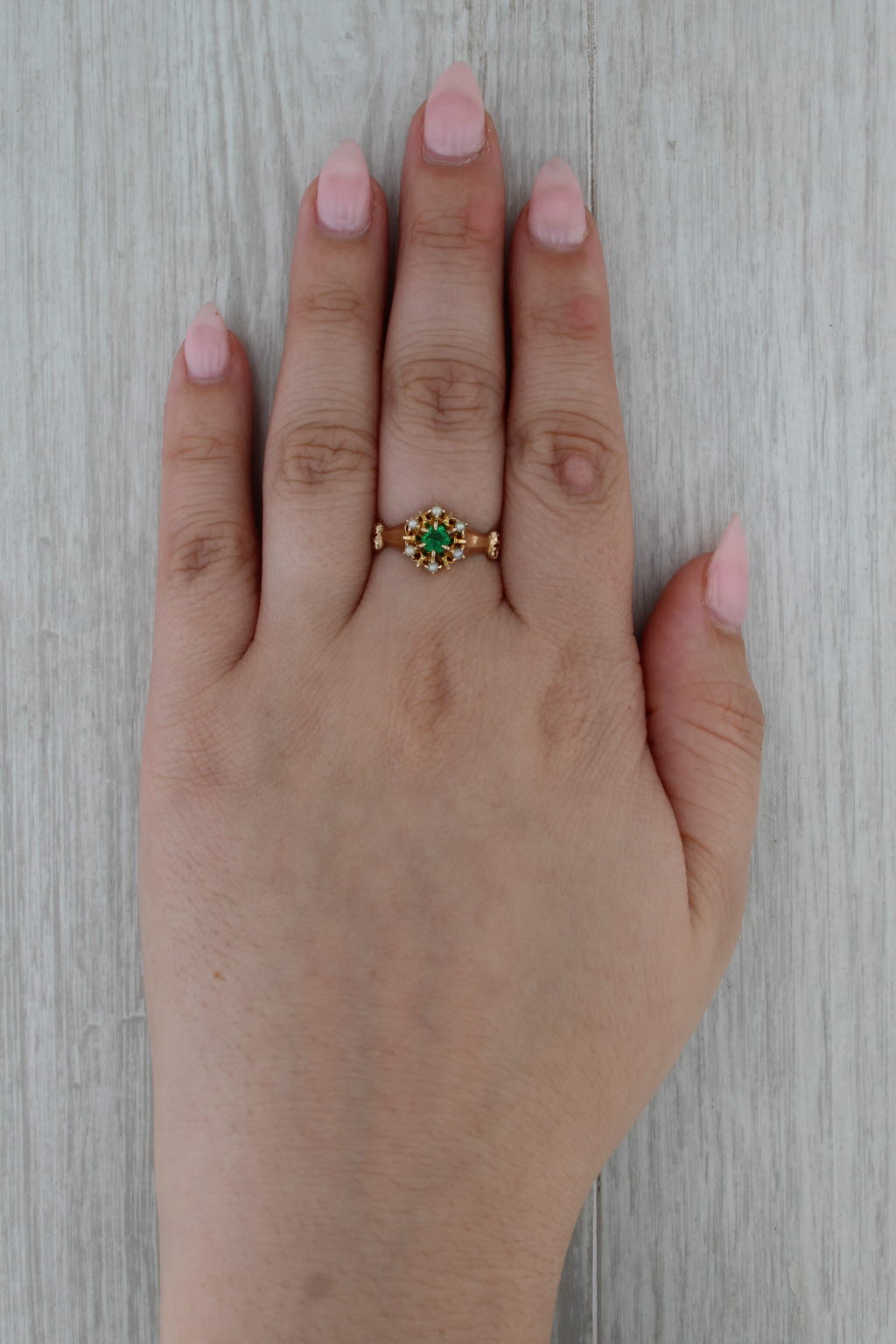 Victorian Green Garnet Glass Pearl Halo Ring 10k Yellow Gold Antique Size 8