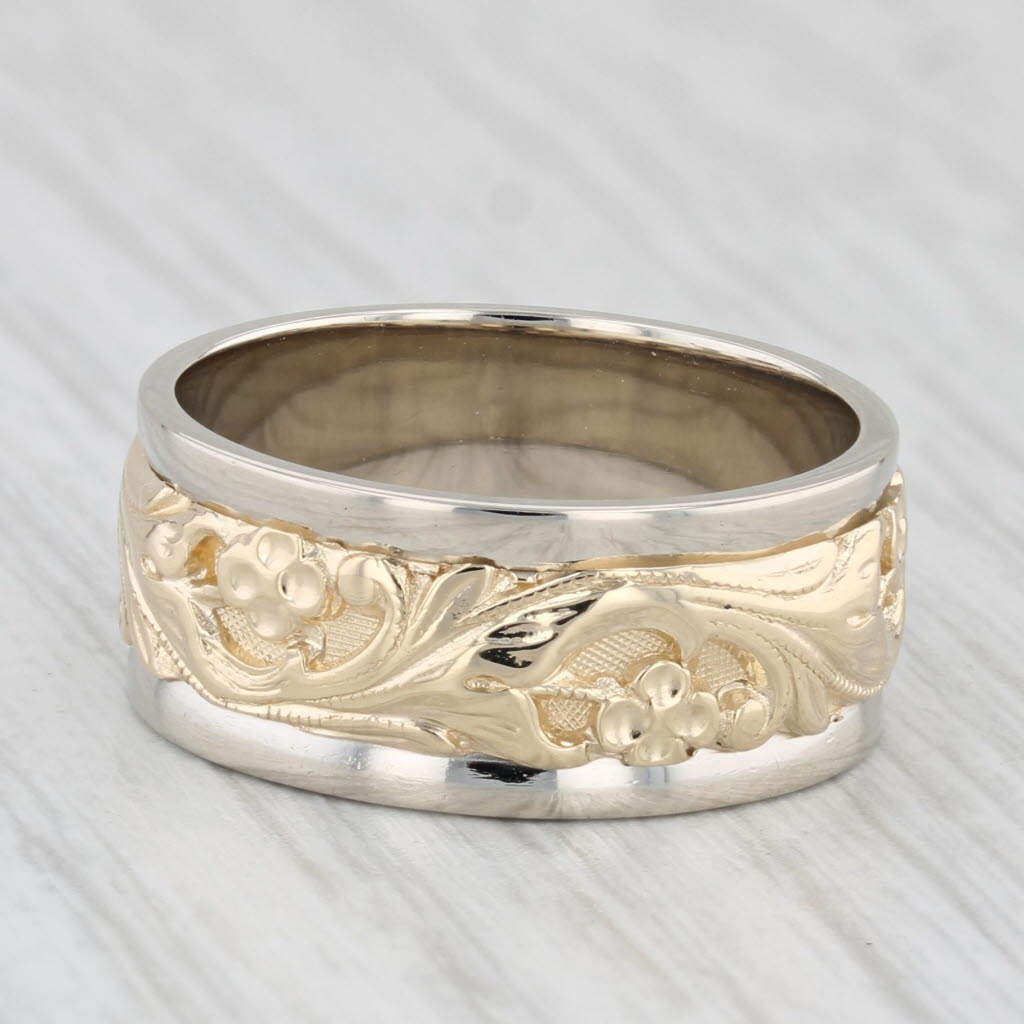 Light Gray Floral 2-Stone Ring 14k Yellow White Gold Size 6 Wide Band