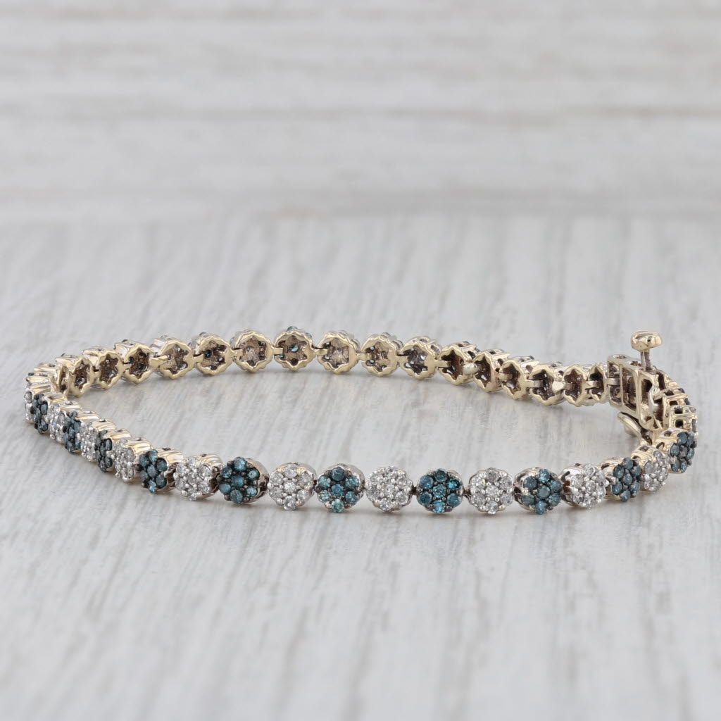 Gray 0.82ctw Blue White Diamond Flower Cluster Tennis Bracelet 10k Yellow Gold