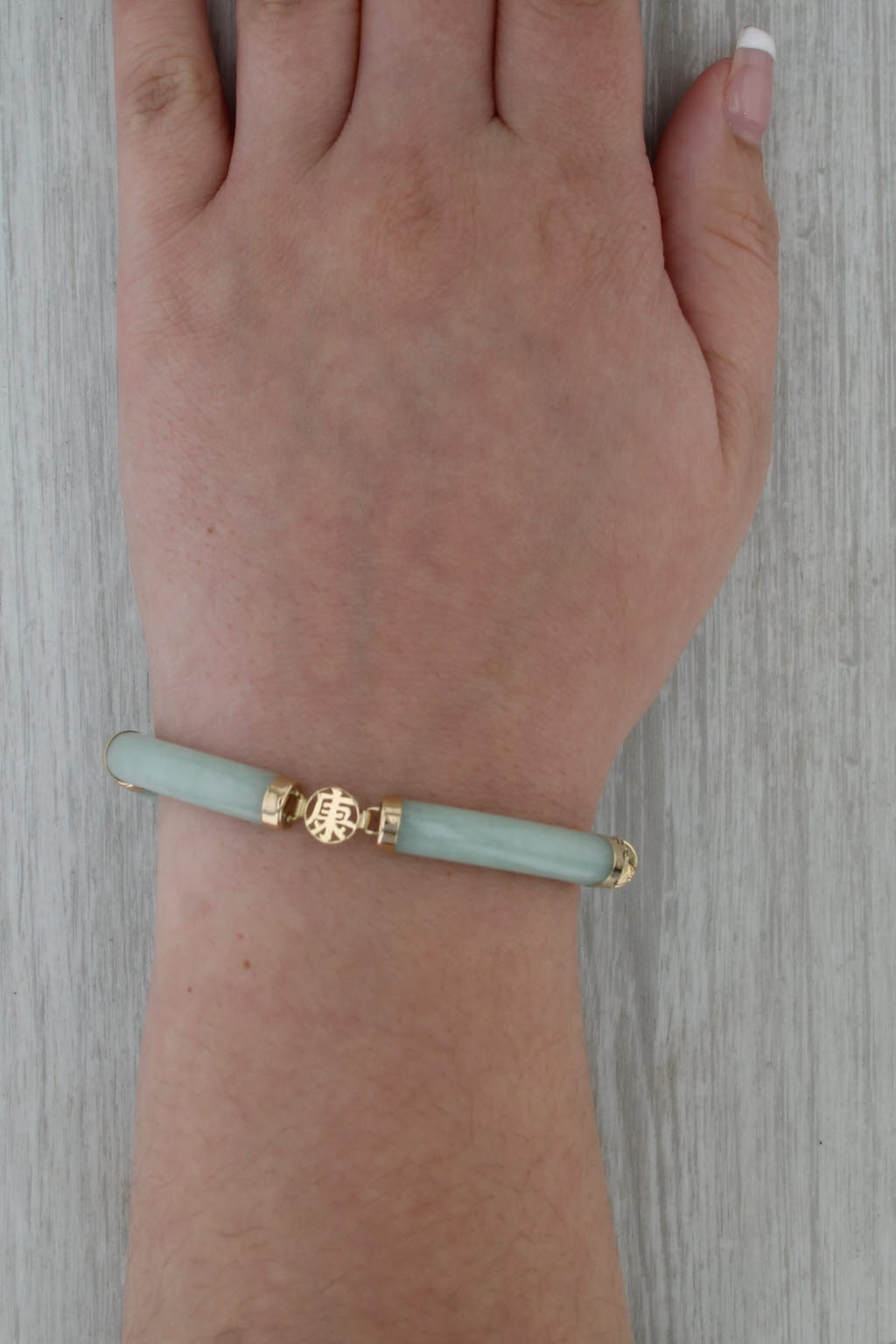 Jadeite Jade Tube Link Bracelet Chinese Character Bracelet 14k Yellow Gold 7"