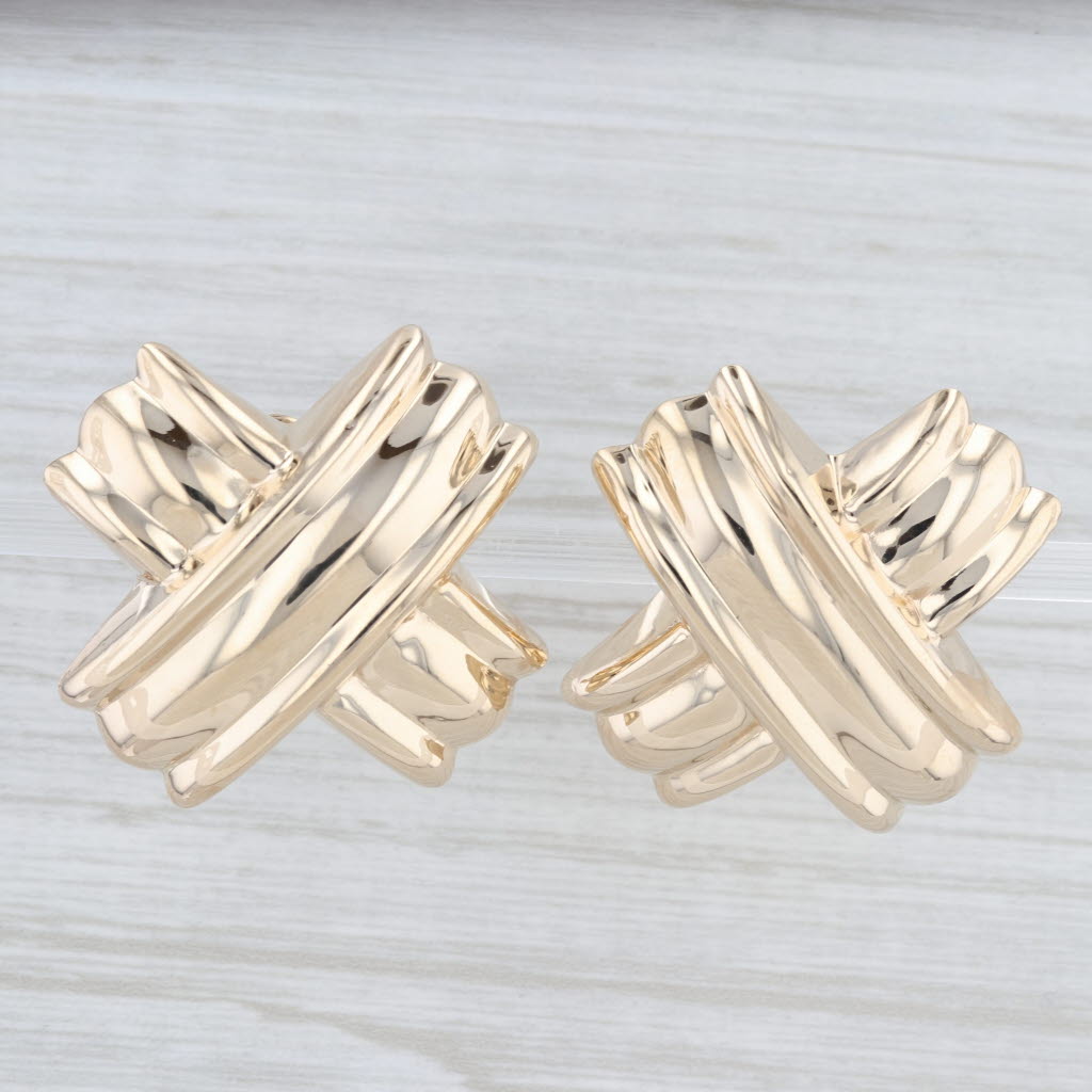 Light Gray Cross Over Knot Statement Earrings 14k Yellow Gold