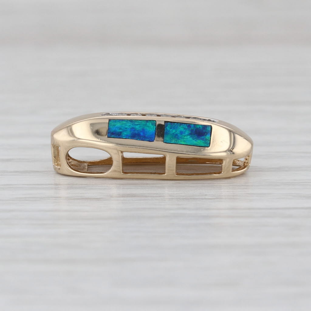 Blue Green Opal Diamond Journey Pendant 14k Yellow Gold Floating Drop