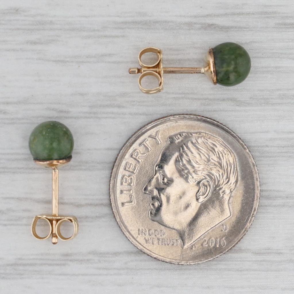 Gray Vintage Green Nephrite Jade Bead Stud Earrings 14k Yellow Gold