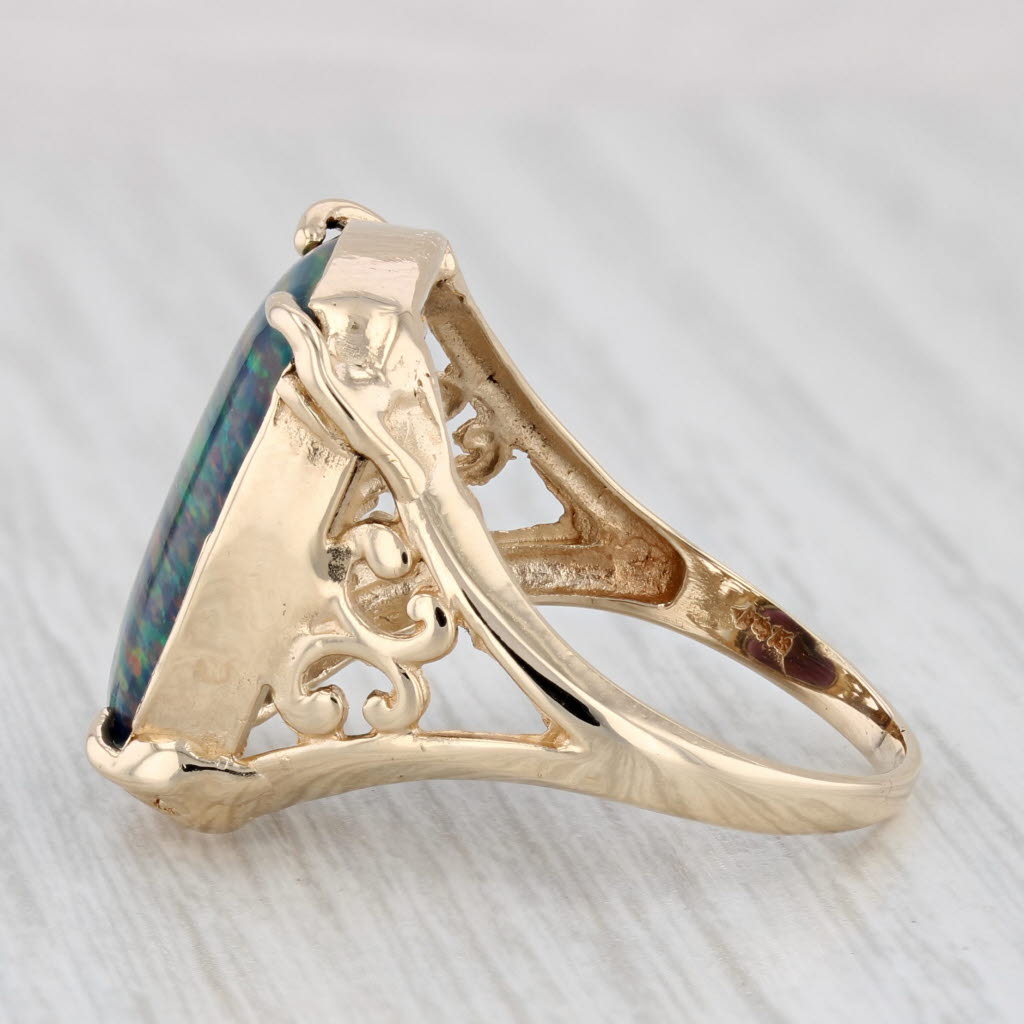Light Gray Lab Created Opal Ring 14k Yellow Gold Size 8.75 Cushion Cabochon Solitaire