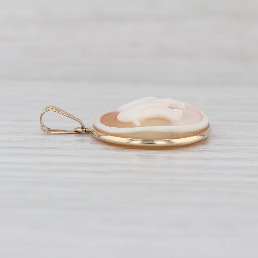 Vintage Shell Carved Elephant Cameo Pendant 14k Yellow Gold Italian