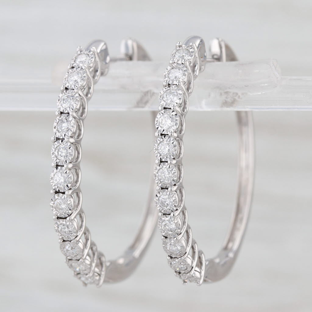 0.44ctw Diamond Hoop Earrings 10k White Gold Hinged Round Hoops 28.6x2.8mm