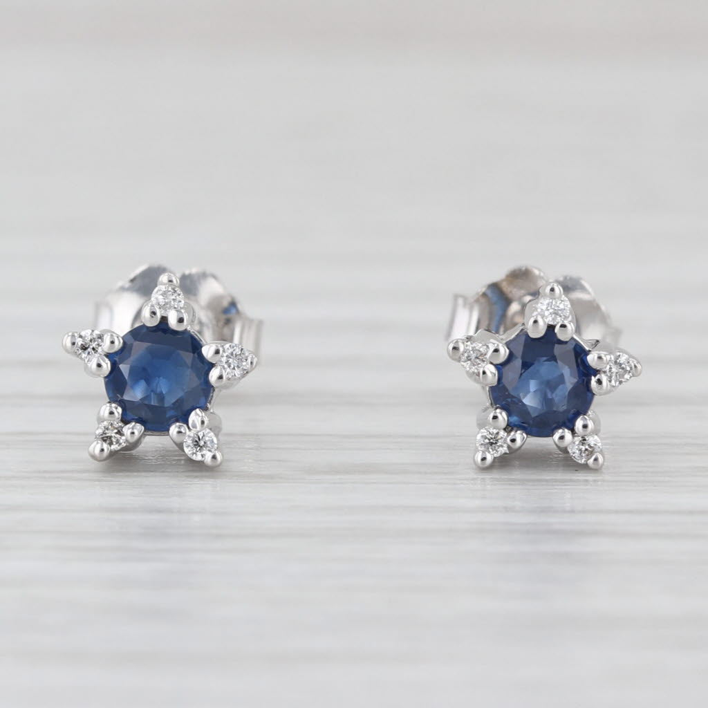 0.78ctw Blue Sapphire Diamond Flower Star Stud Earrings 14k White Gold Studs