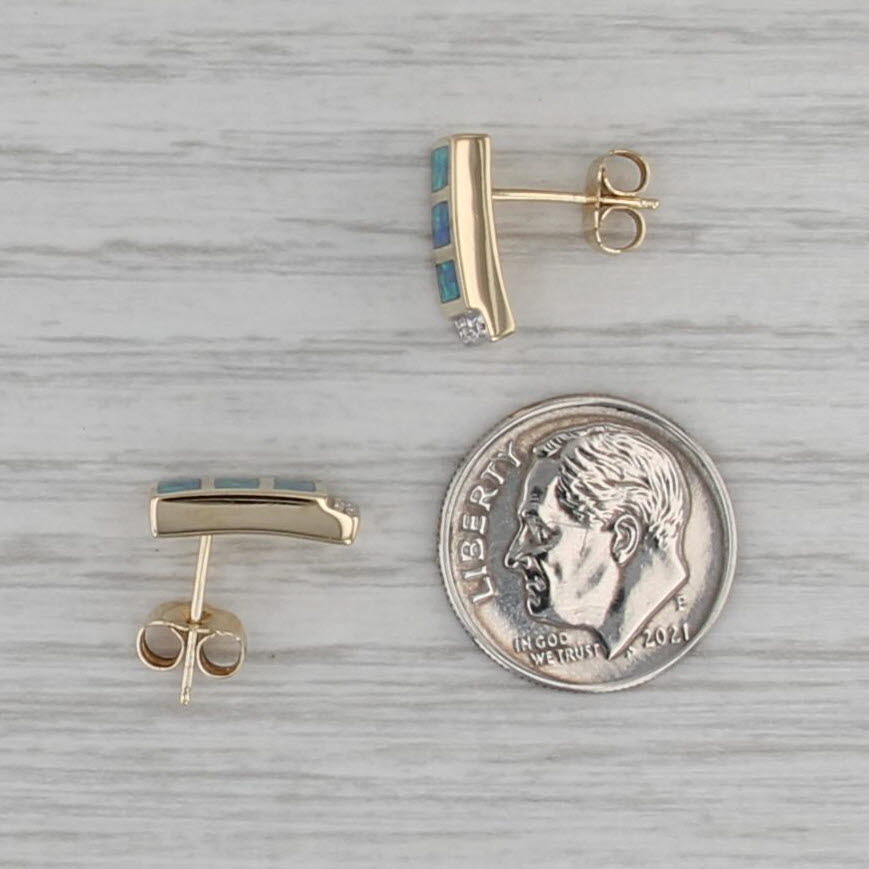 Blue Green Opal Diamond Stud Earrings 14k Yellow Gold Studs