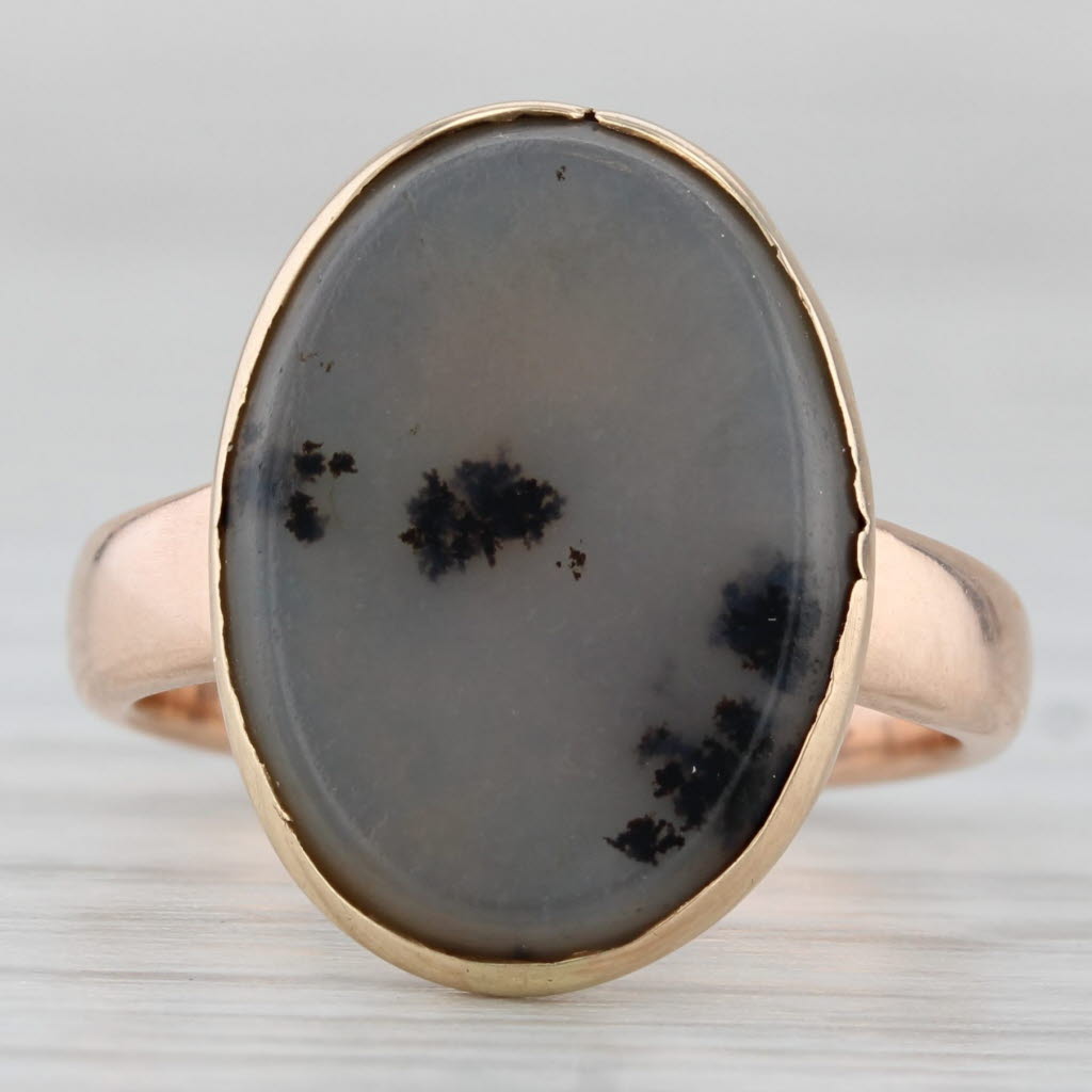 Light Gray Vintage Dendritic Oval Agate Ring 10k Yellow Gold Size 6.5