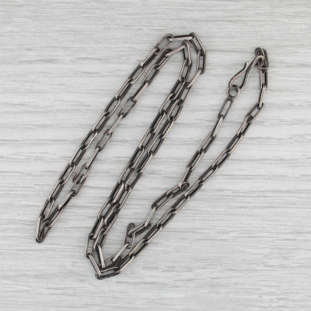 Elongated Cable Paperclip Chain Necklace Sterling Silver Antique Patina 24.25"