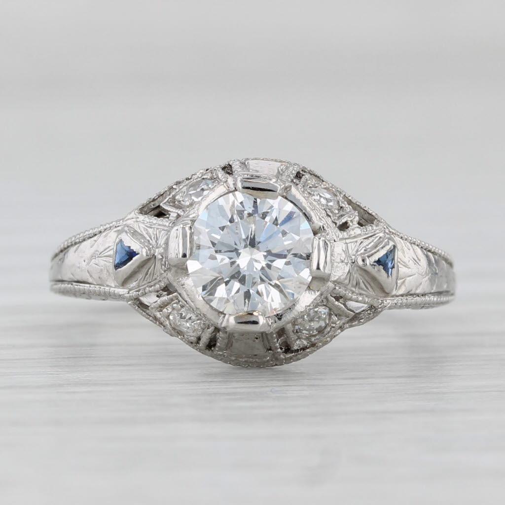 Light Gray Art Deco 0.85ctw Round Diamond Engagement Ring Platinum Size 6.25 GIA