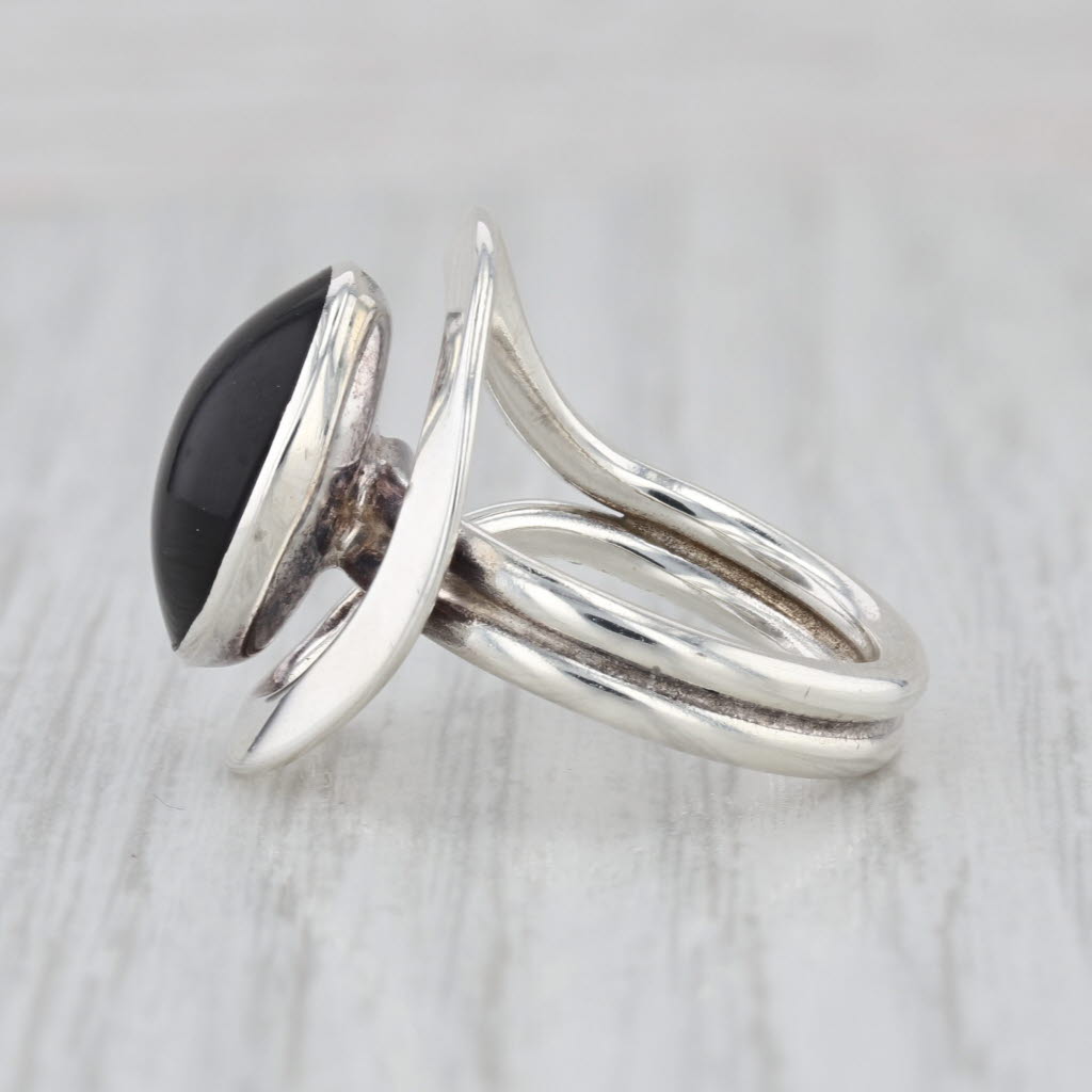 Black Resin Oval Cabochon Ring Sterling Silver Size 6 Adjustable