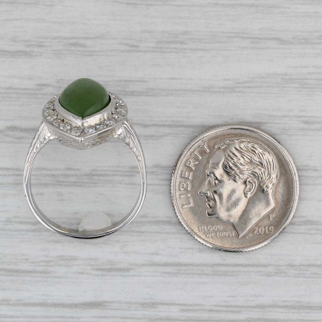Gray Nephrite Navette Cabochon 0.27ctw Diamond Halo Ring 18k White Gold Size 4.5