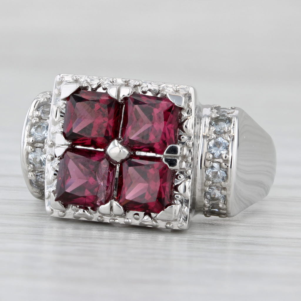 Light Gray Rhodolite Garnet White Topaz Sapphire Ring 14k White Gold Size 9 Cocktail