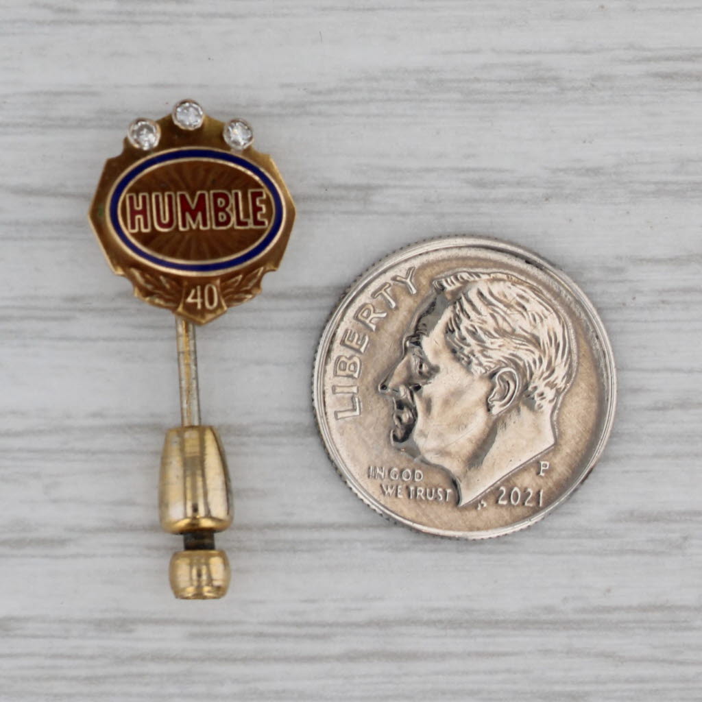 Gray Humble Oil 40 Years Company Service Stickpin 10k Gold Diamond Enamel Vintage