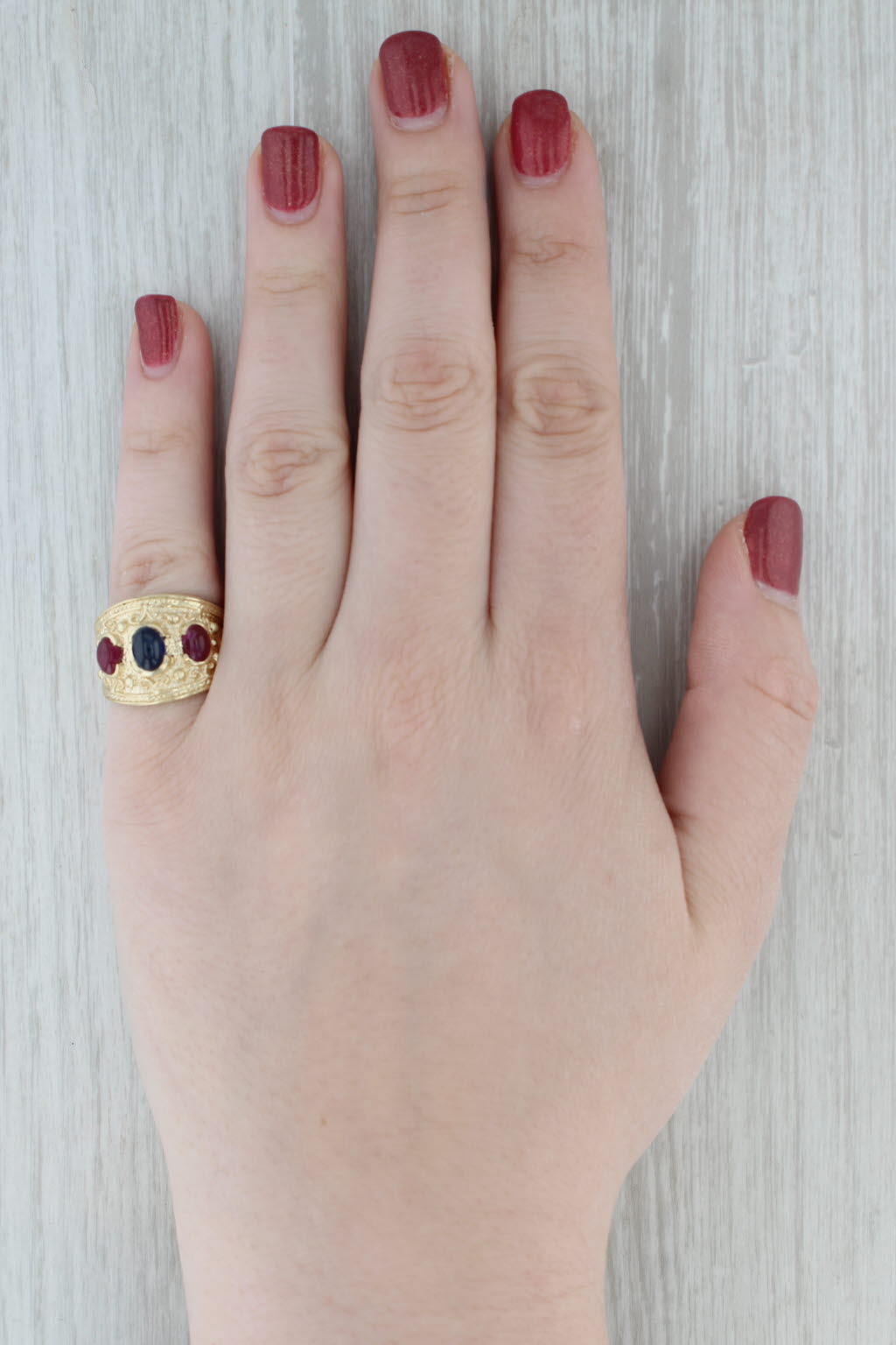 Gray Blue Sapphire Ruby Ring 14k Yellow Gold Size 7 Orange 3-Stone
