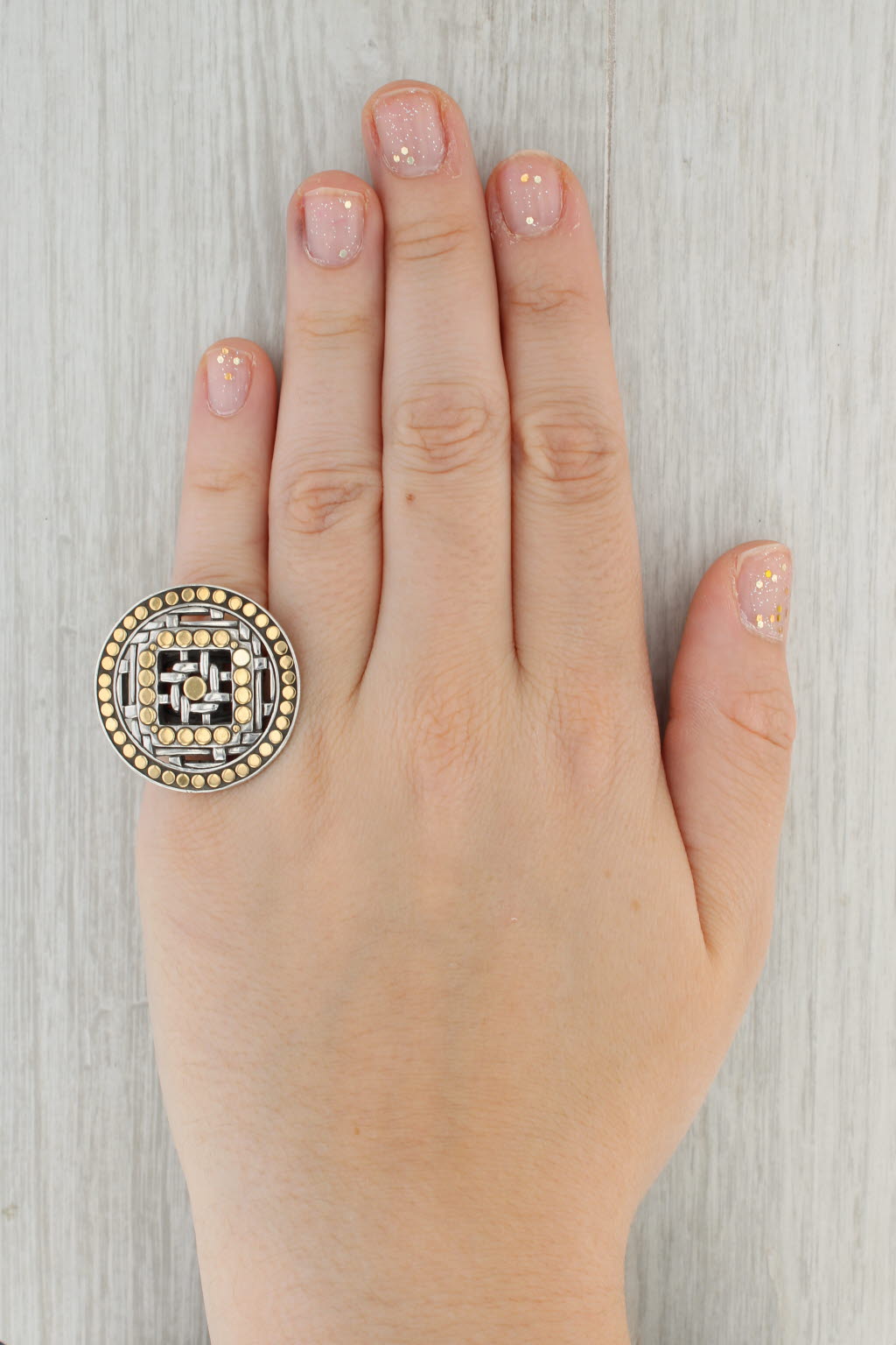 Gray John Hardy Lattice Work Ring Sterling Silver 18k Gold Size 7.25 Statement