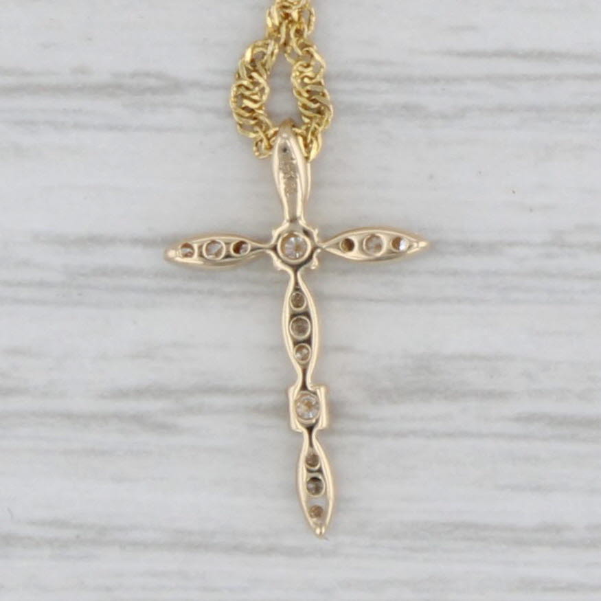 Gray Small Diamond Cross Pendant Necklace 14k Yellow Gold 17.75" Rope Chain
