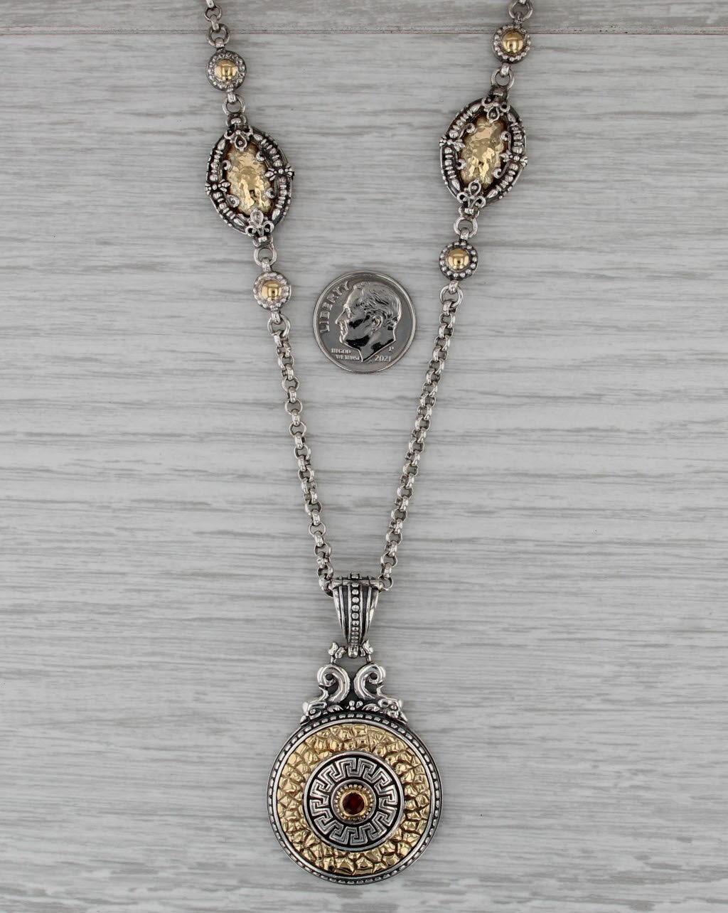 Konstantino Necklace with Pouch Sterling Silver 18k Gold Glass Nugget Greek Key