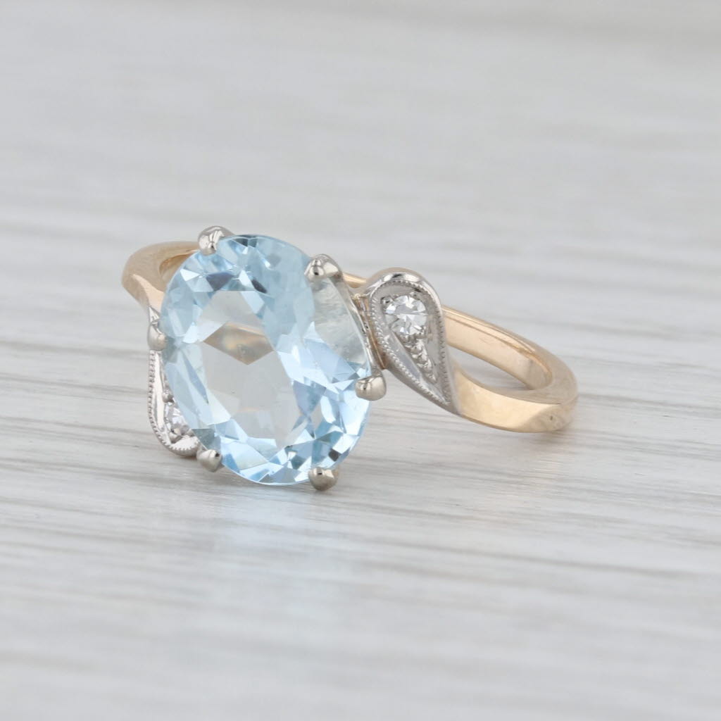 Vintage 2.28ctw Aquarmarine Diamond Bypass Ring 10k Yellow Gold Size 6