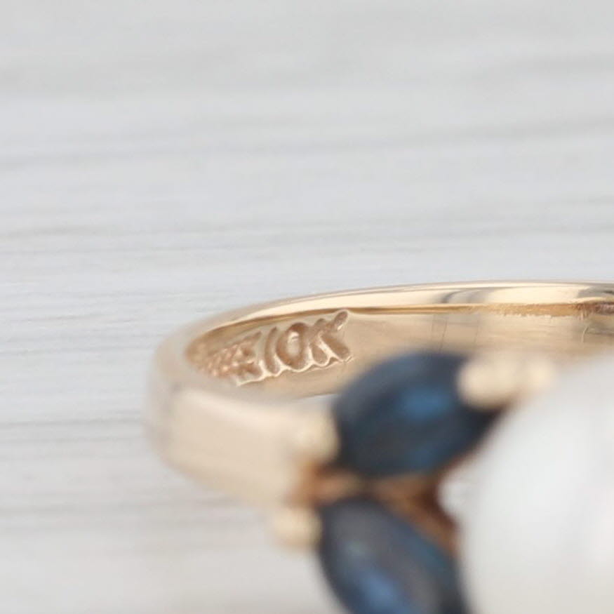 Light Gray Cultured Pearl Blue Sapphire Ring 10k Yellow Gold Size 6.75