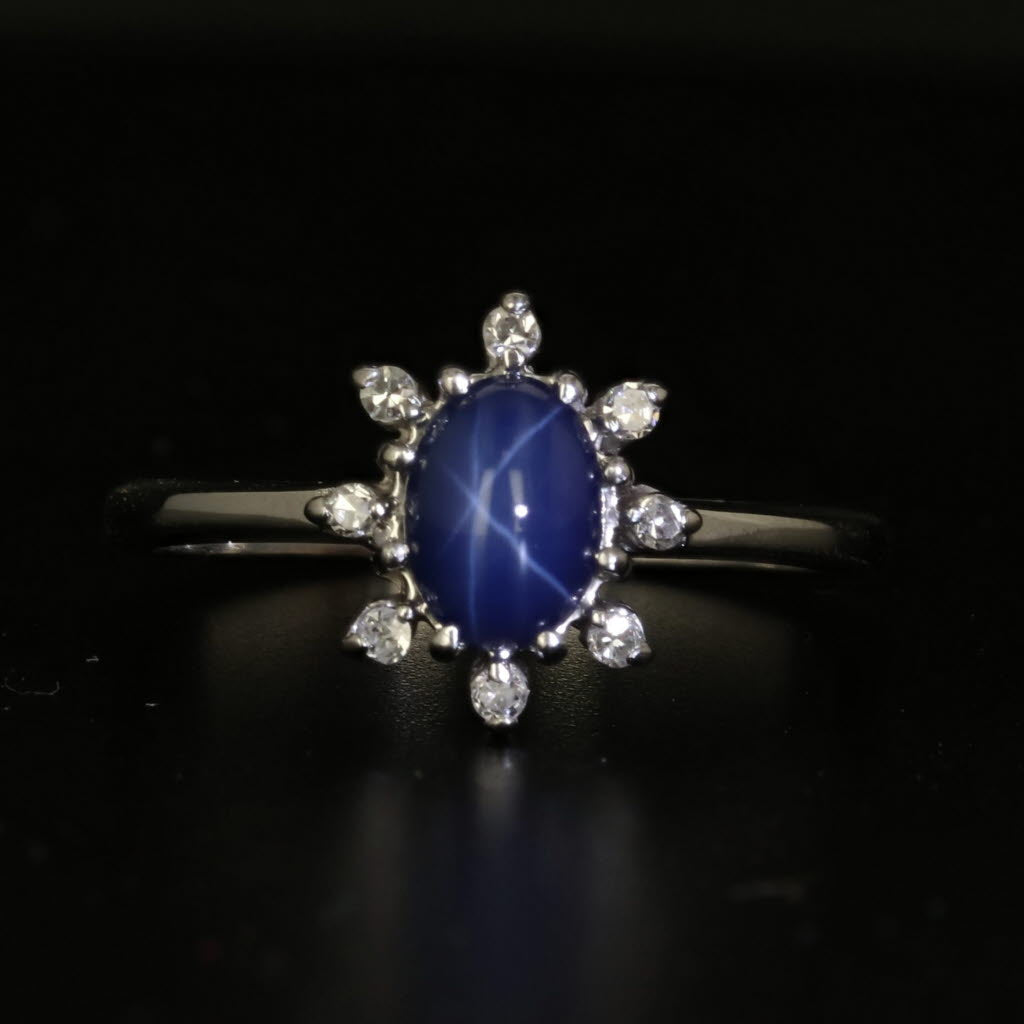 Black Lab Created Sapphire Oval Cabochon Diamond Halo Ring 14k White Gold Size 7.25
