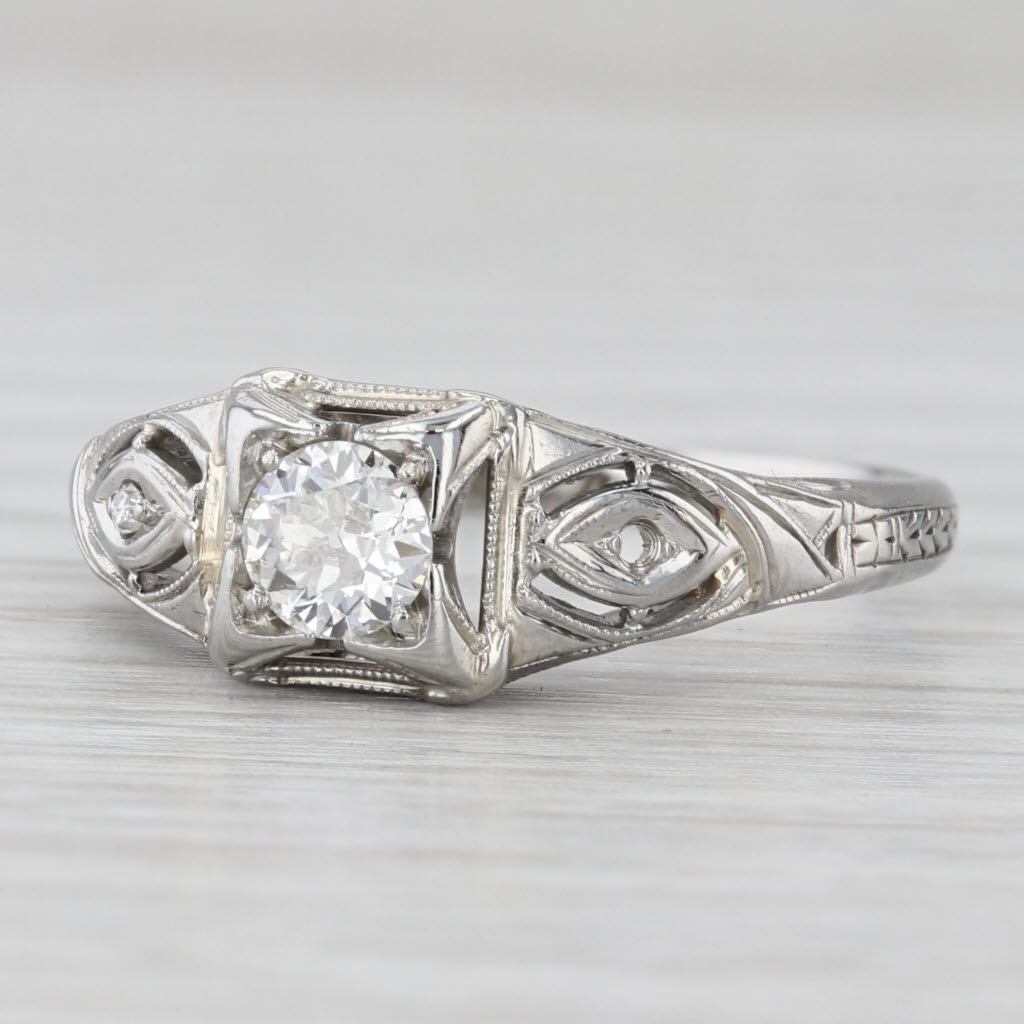 Light Gray Art Deco 0.45ct Old European Diamond Solitaire Engagement Ring 18k White Gold
