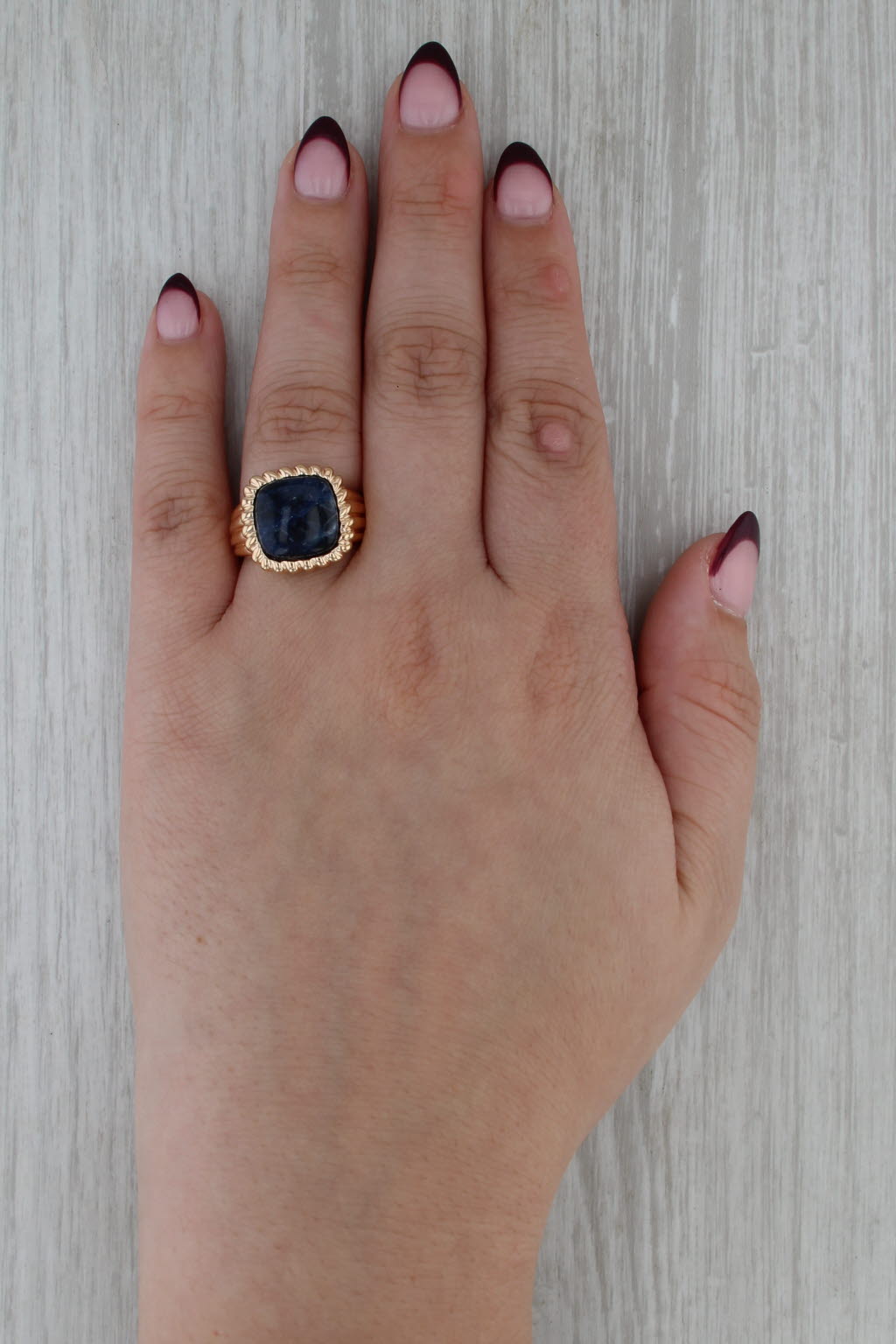 Blue Sodalite Cabochon Solitaire Ring Gold Plated Sterling Silver Size 6.75