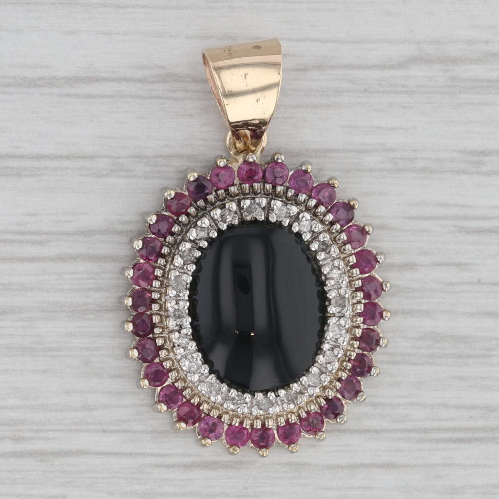 Gray 1.20ctw Onyx Diamond Ruby Halo Pendant 14k Gold Bail Gold toned Silver Toned