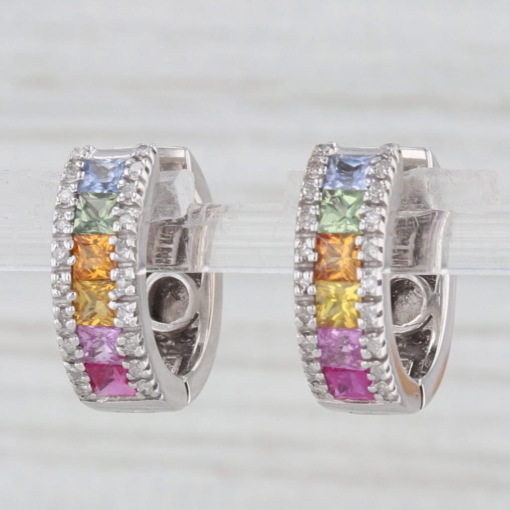 Light Gray 1.42ctw Diamond Multicolor Sapphire Hoop Huggie Earrings 14k White Gold Hoops