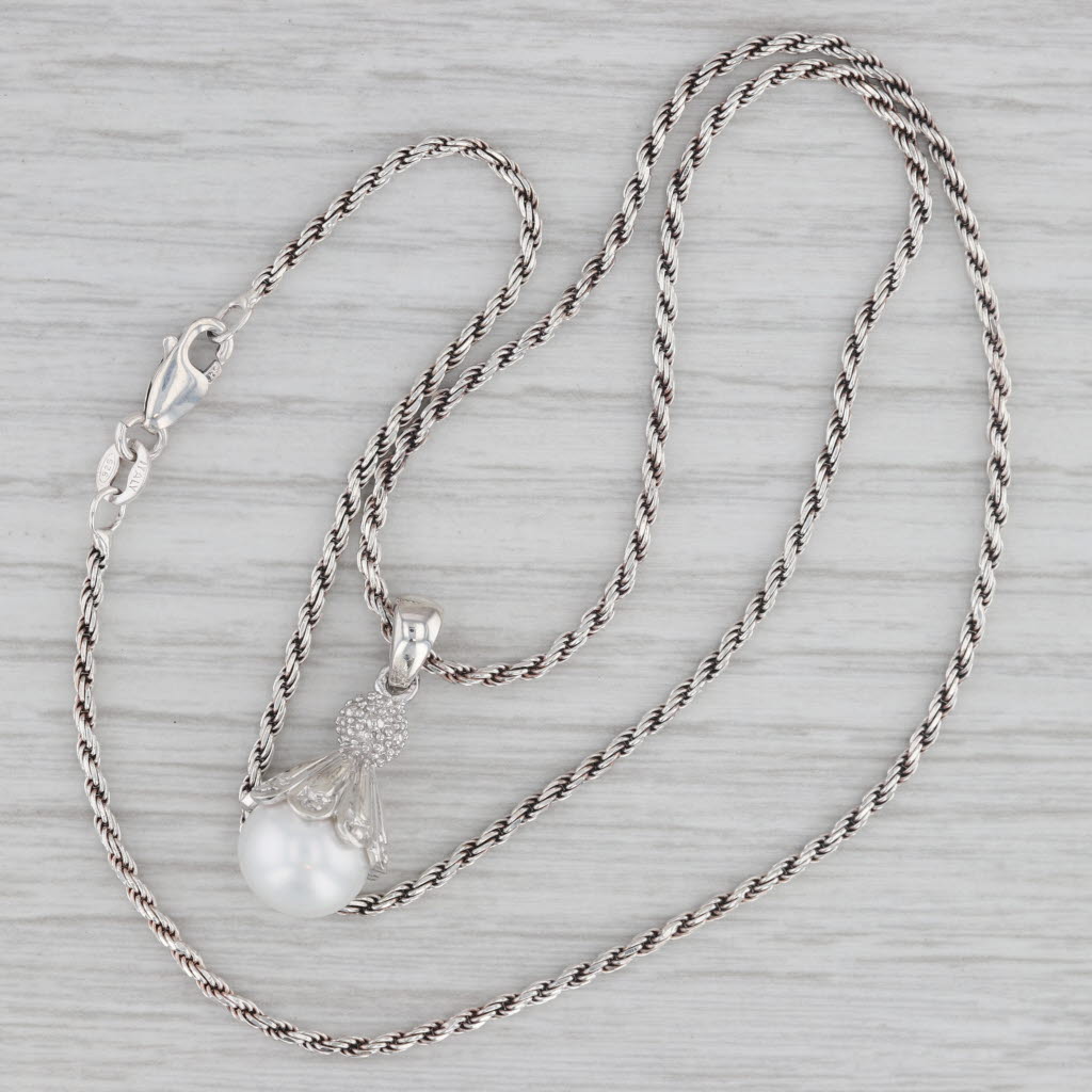 Gray Cultured Pearl Diamond Pendant Necklace Sterling Silver 18" Rope Chain
