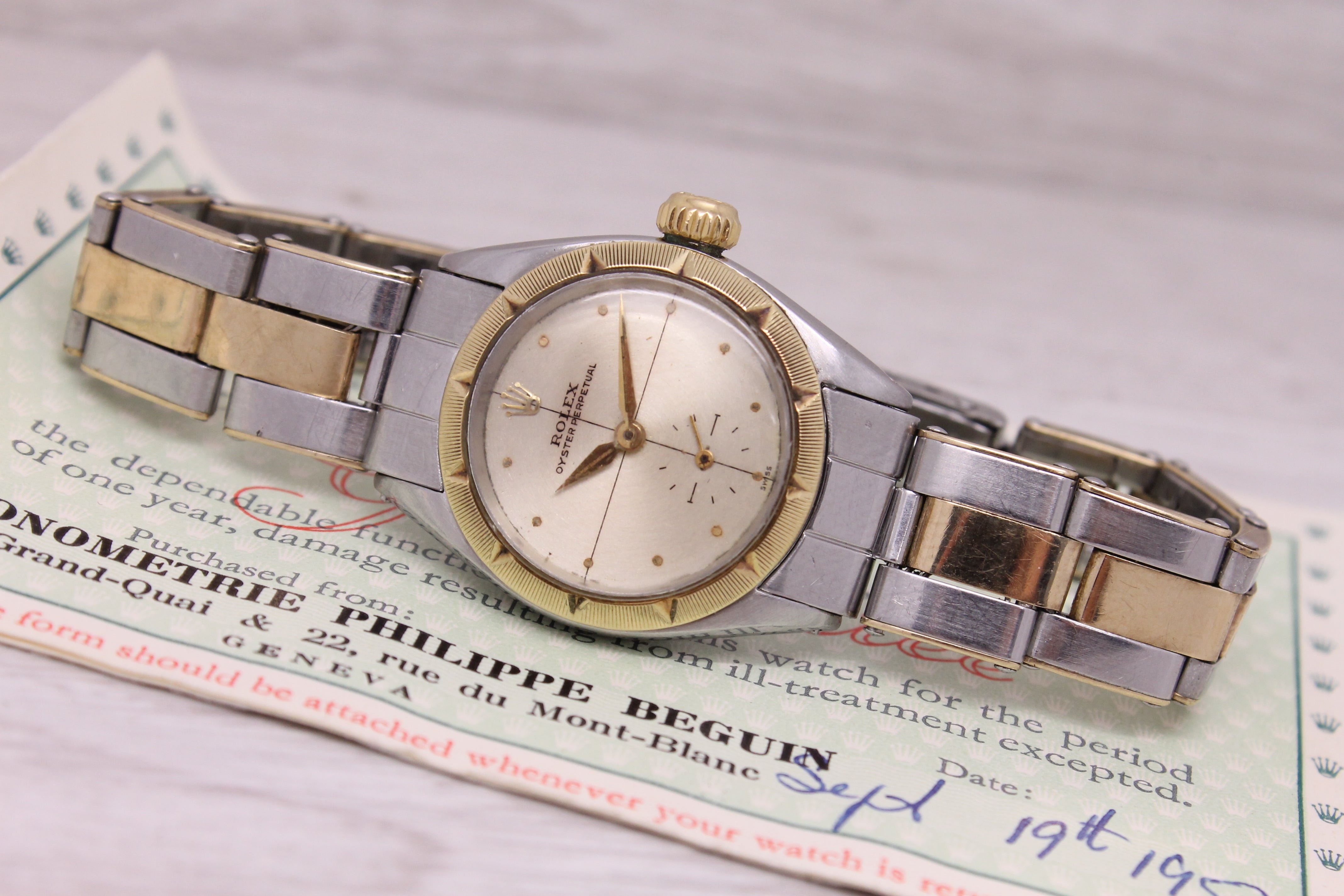 Gray Vintage 1956 Rolex Zephyr Oyster Perp 6503 Ladies Automatic 2 Tone Watch Papers