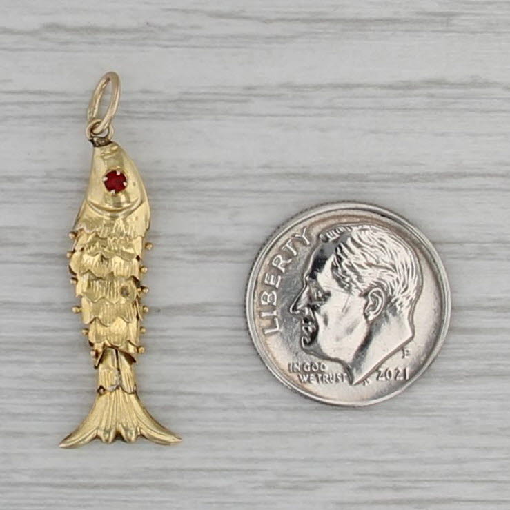 Articulating Fish Pendant 14k Yellow Gold Charm Red Glass Eye