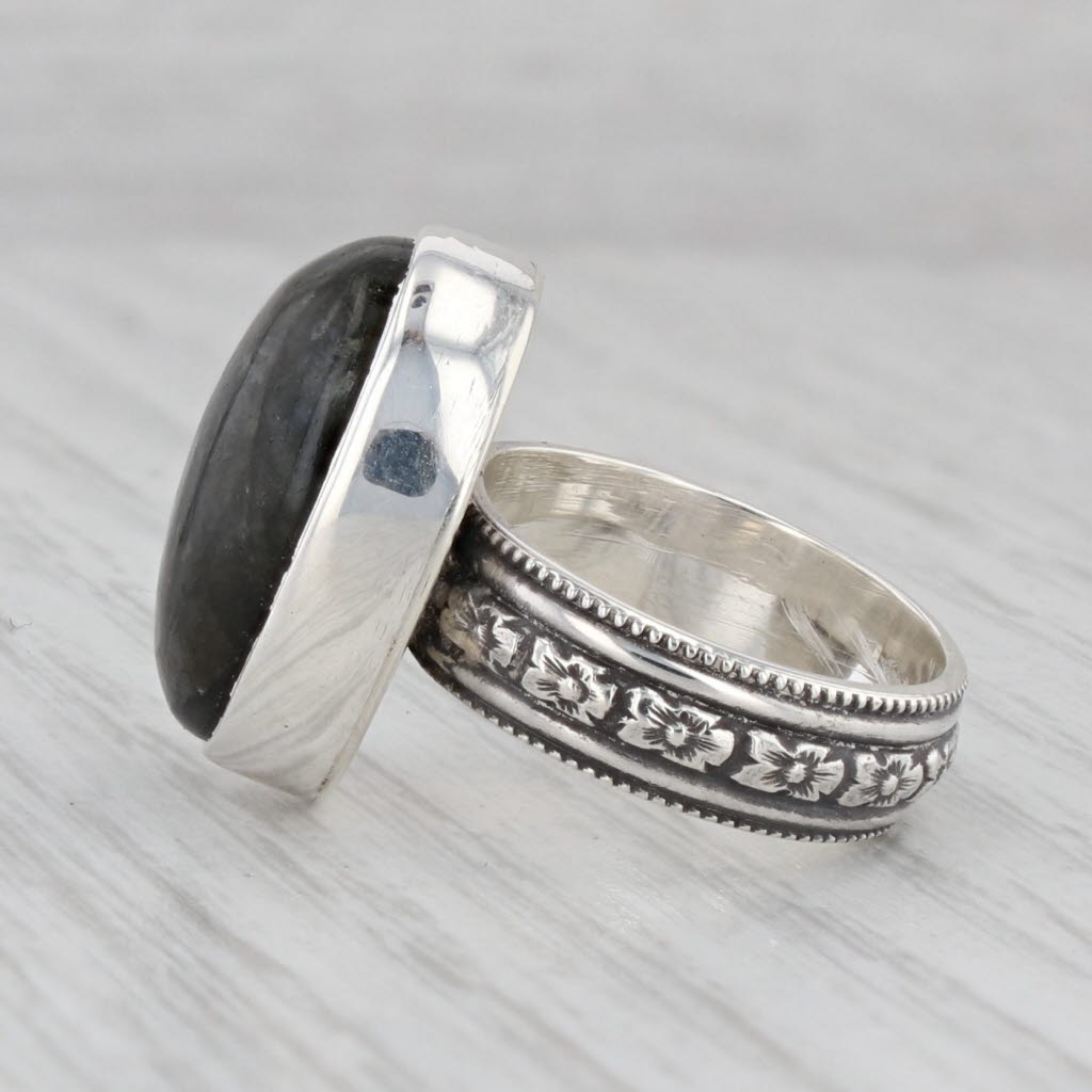 Gray Vintage Labradorite Oval Cabochon Solitaire Ring 900 Silver Size 5.25