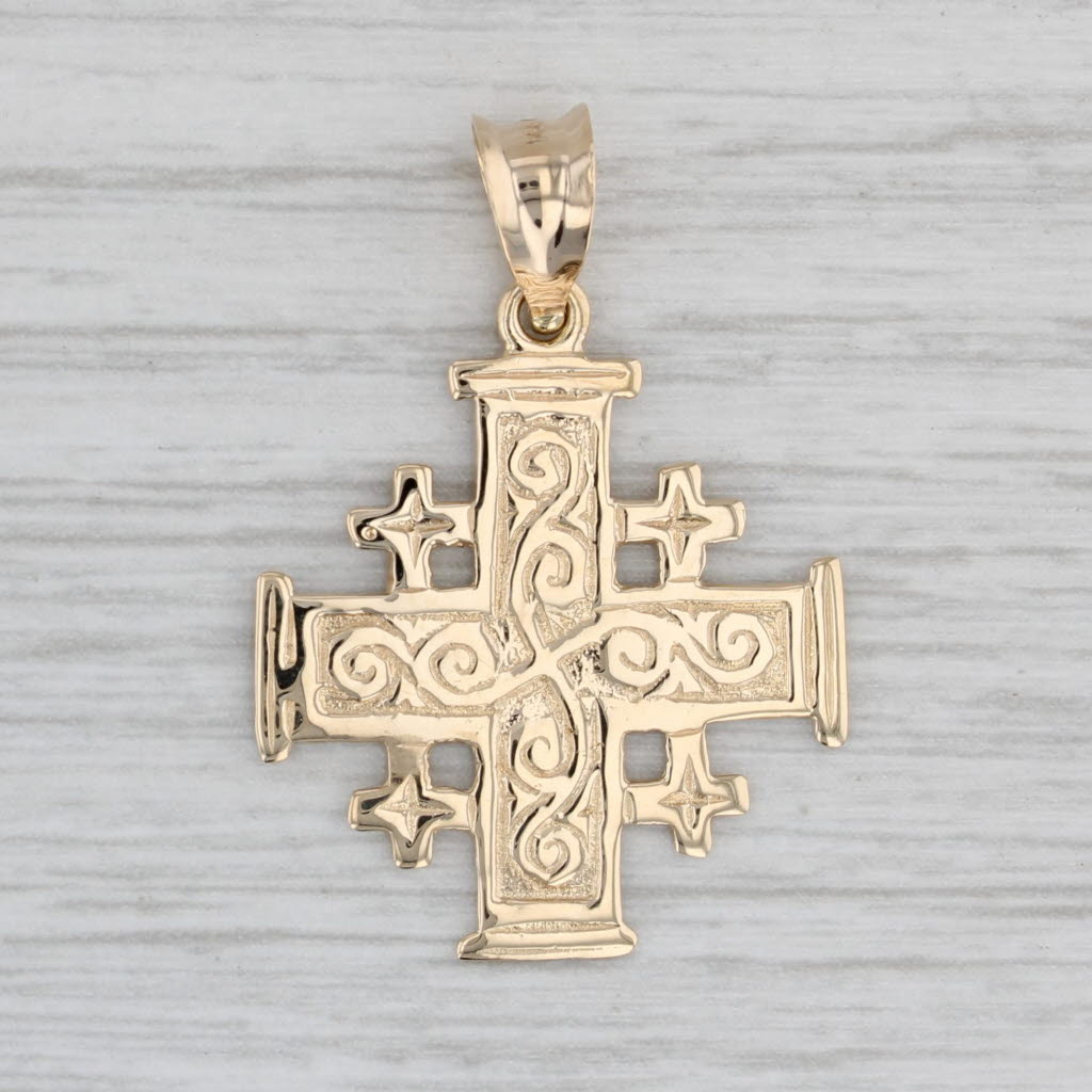 Gray Jerusalem Cross Pendant 14k Yellow Gold Scroll Work Religious Jewelry