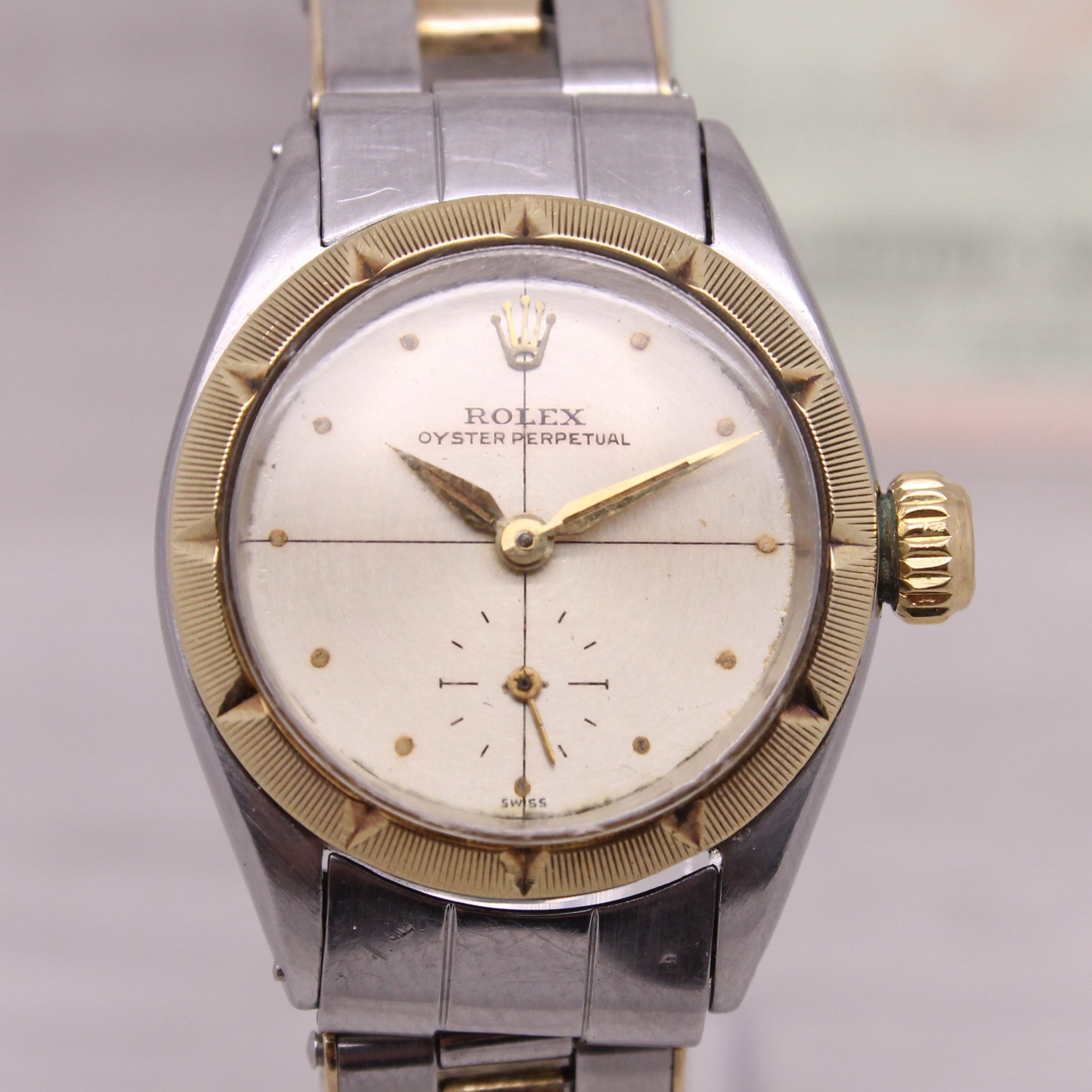 Gray Vintage 1956 Rolex Zephyr Oyster Perp 6503 Ladies Automatic 2 Tone Watch Papers