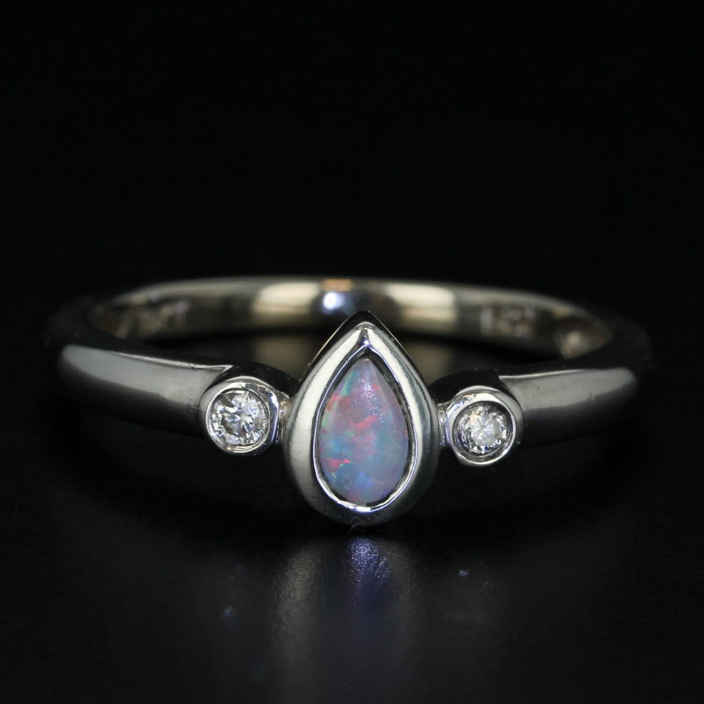 Black Opal Diamond Teardrop Ring 10k White Gold Size 6.75 Pear Cabochon Solitaire