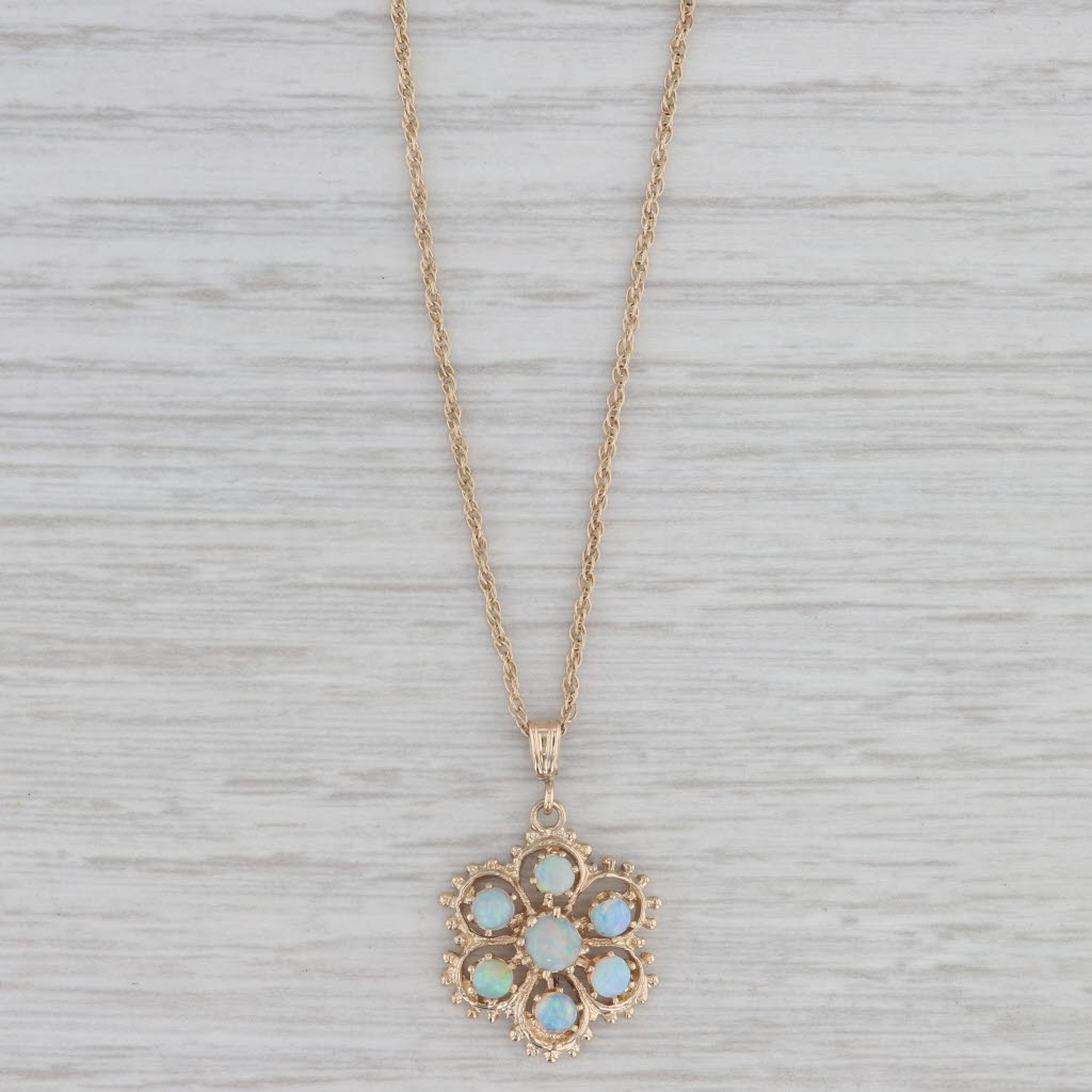 Gray Opal Flower Pendant Necklace 14k Yellow Gold 18" Rope Chain